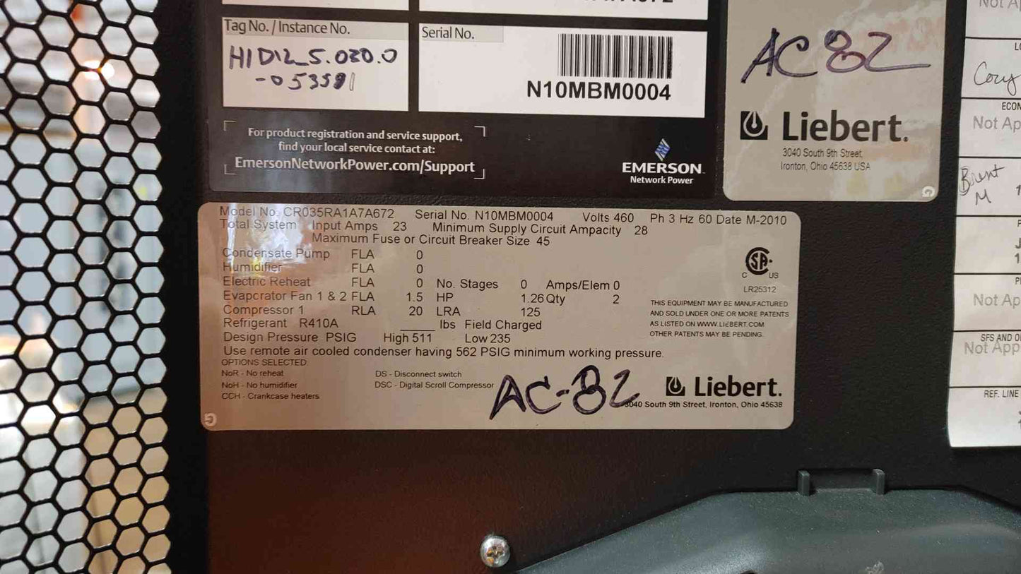 Liebert 10 Ton CRV CRAC In-Row Unit 460V 3PH CR035RA 1A7A672 Air Cooled (108486)