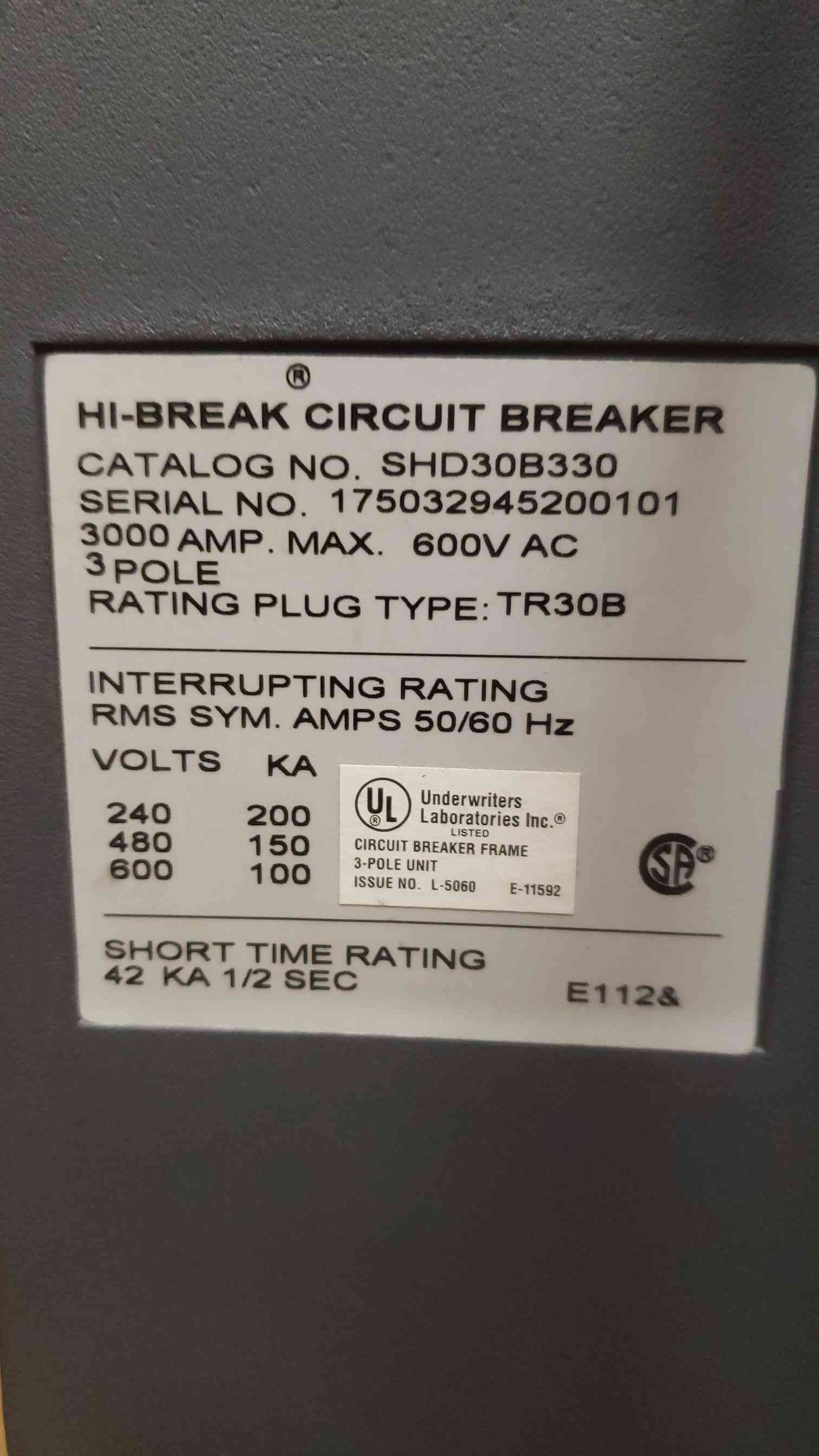 General Electric Hi-Break Circuit Breaker SHD30B330 3000 Amp 3 Pole Spare (108583)