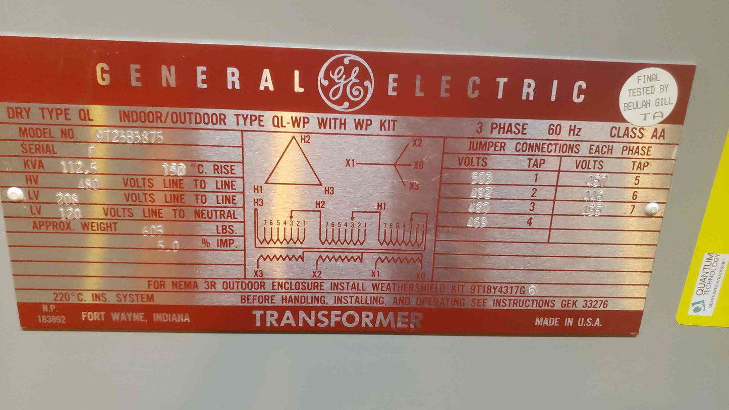 GE 112.5KVA 3PH Transformer 9T23B3875 480v x 208/120v (SKU: 108693)
