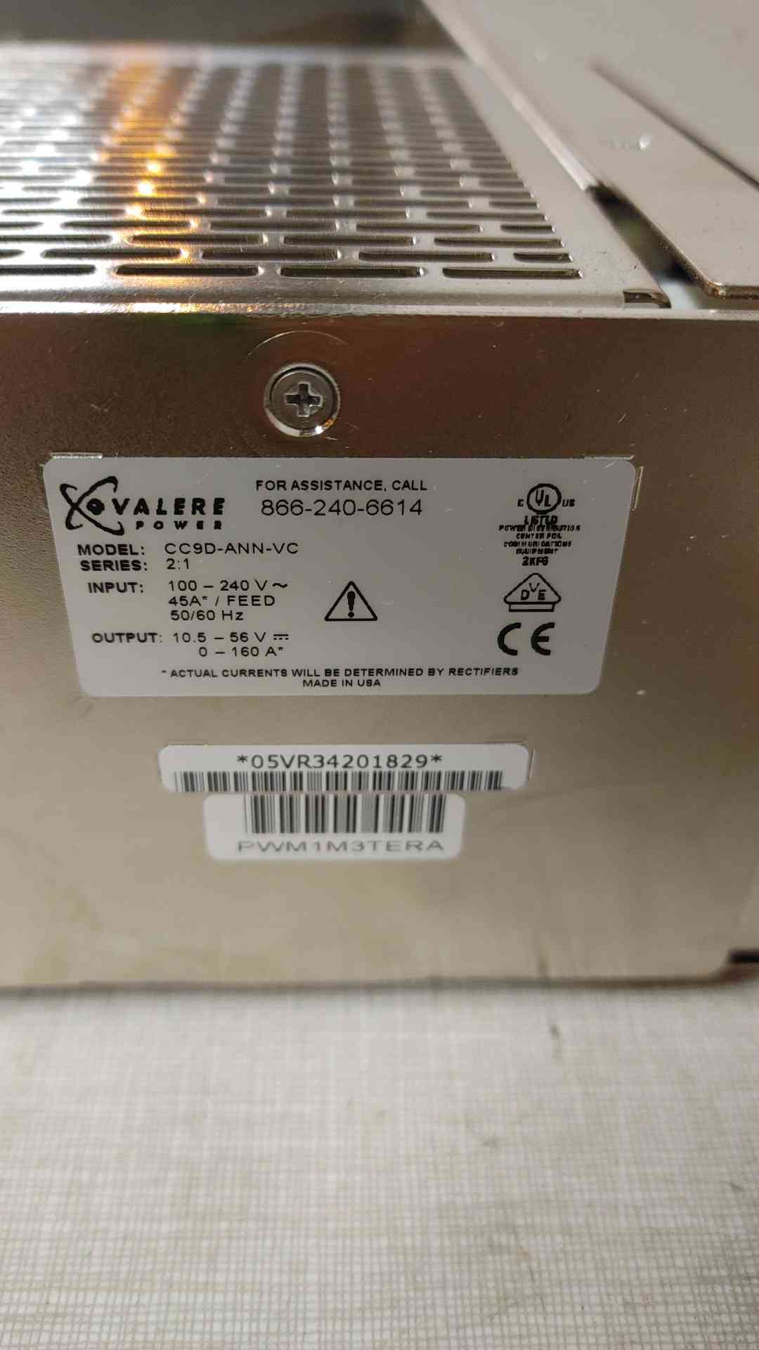 Valere Rectifier Shelf 240V 45A CC9D-ANN-VC w/ 2 V1000A Rectifier Modules(108906)