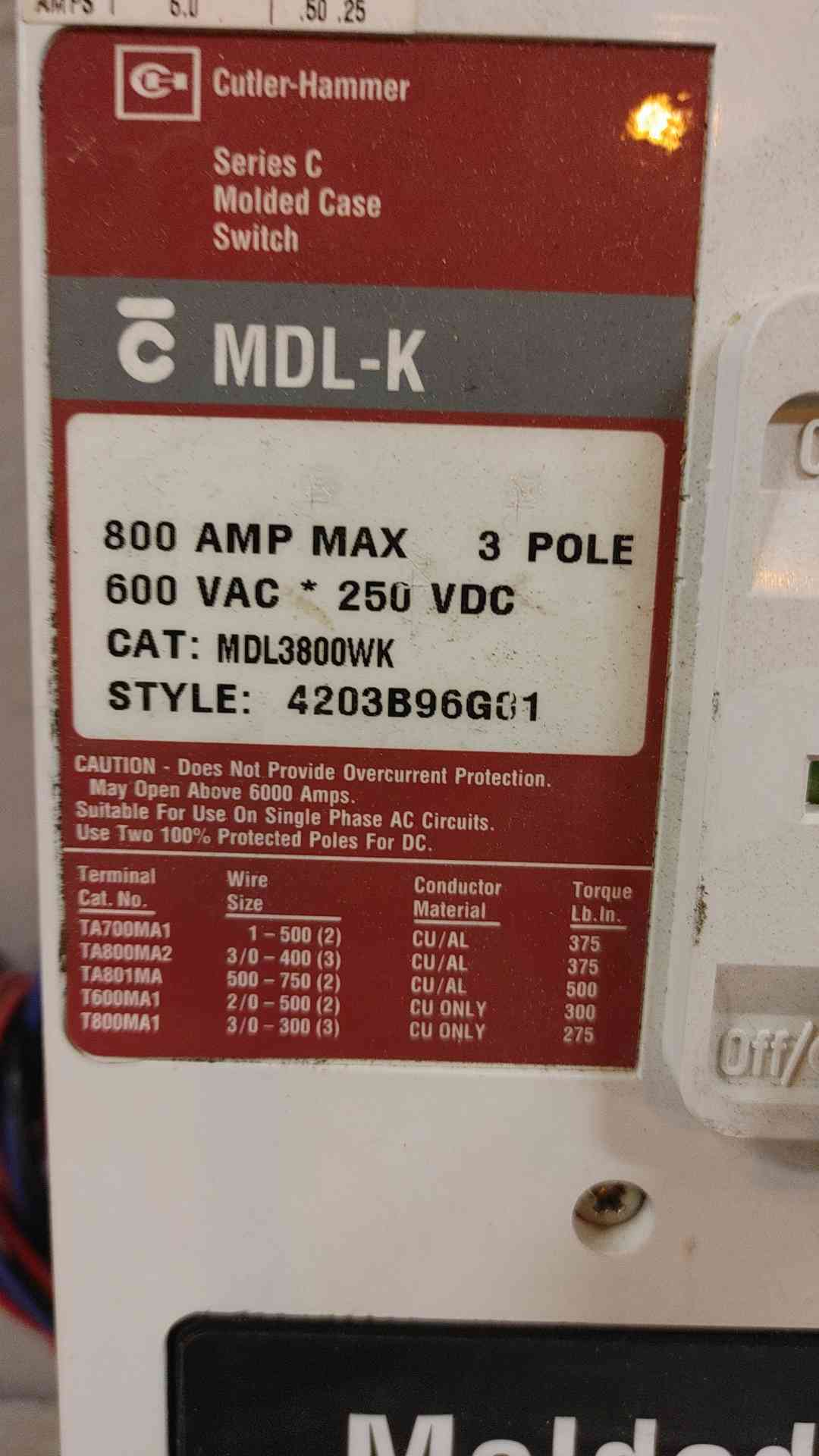 MDL-K Cutler Hammer Series C Molded Case Switch 800 Amp 600 VAC 3 Pole MDL3800WK (108966)