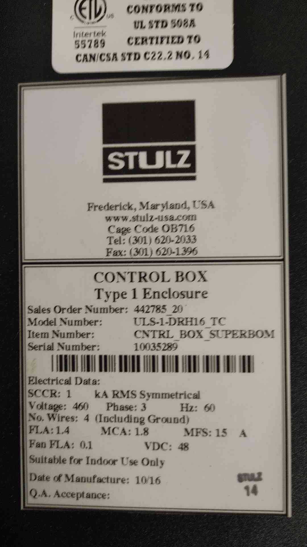 Stulz Humidifier Control Box ULS-1-DRH16_TC 15A 480V 3 Ph 3 Wire (109161)