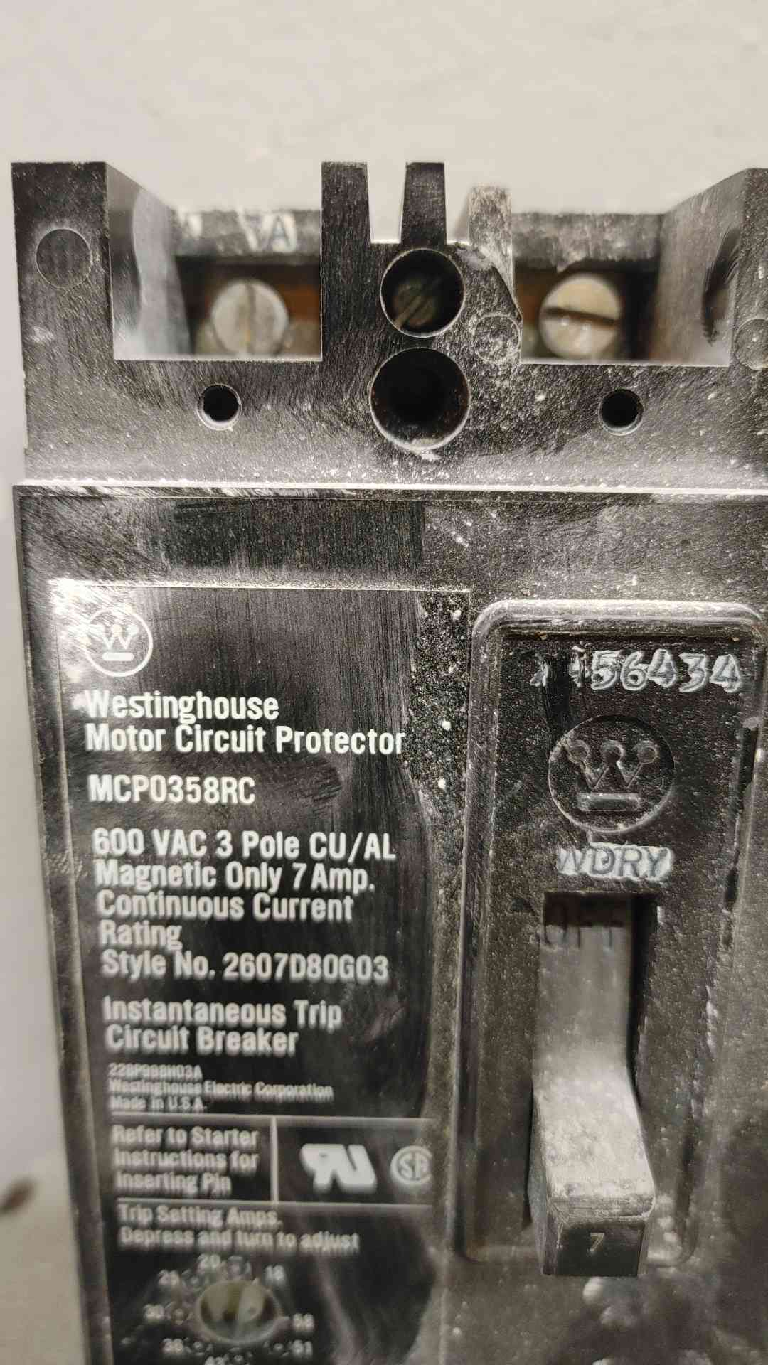 Westinghouse MCP0358RC 600V 3-Pole 7A Motor Circuit Protector - Adjustable Instantaneous Trip
