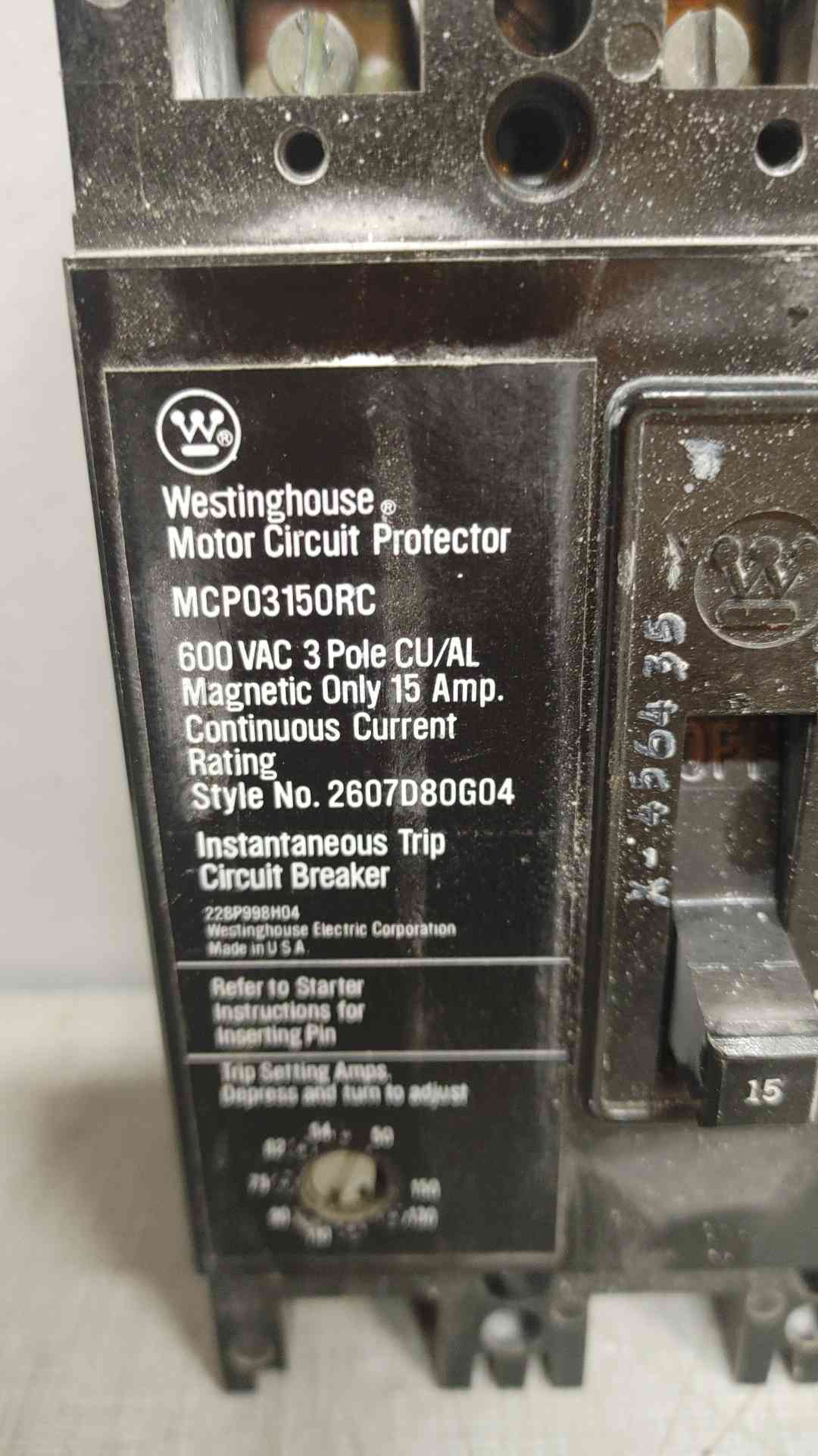 Westinghouse 3 Pole Circuit Breaker 15A 600VAC MCP03150RC (109394)