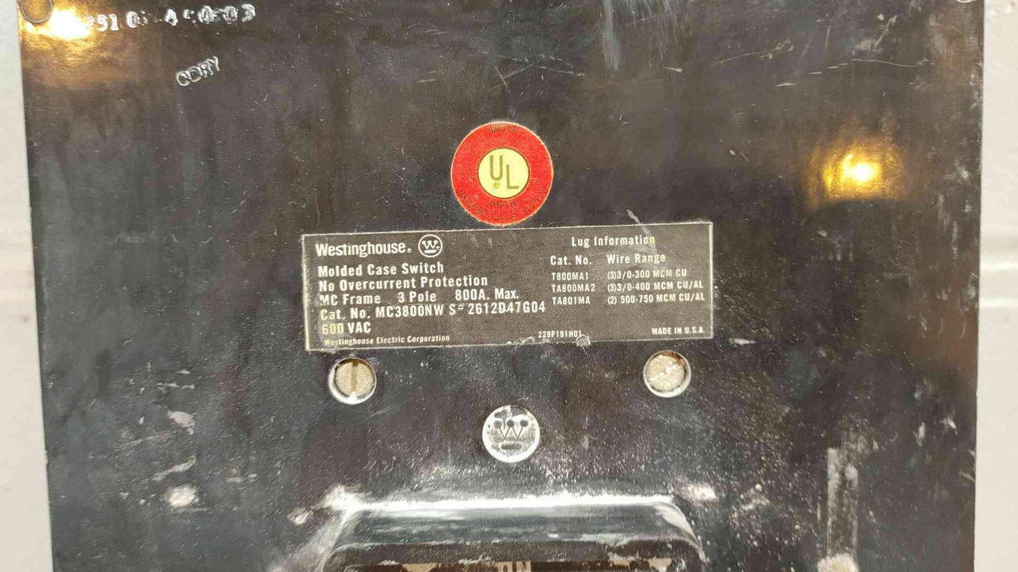 Westinghouse 3 Pole Circuit Breaker 800A 600VAC MC3800NW (109416)