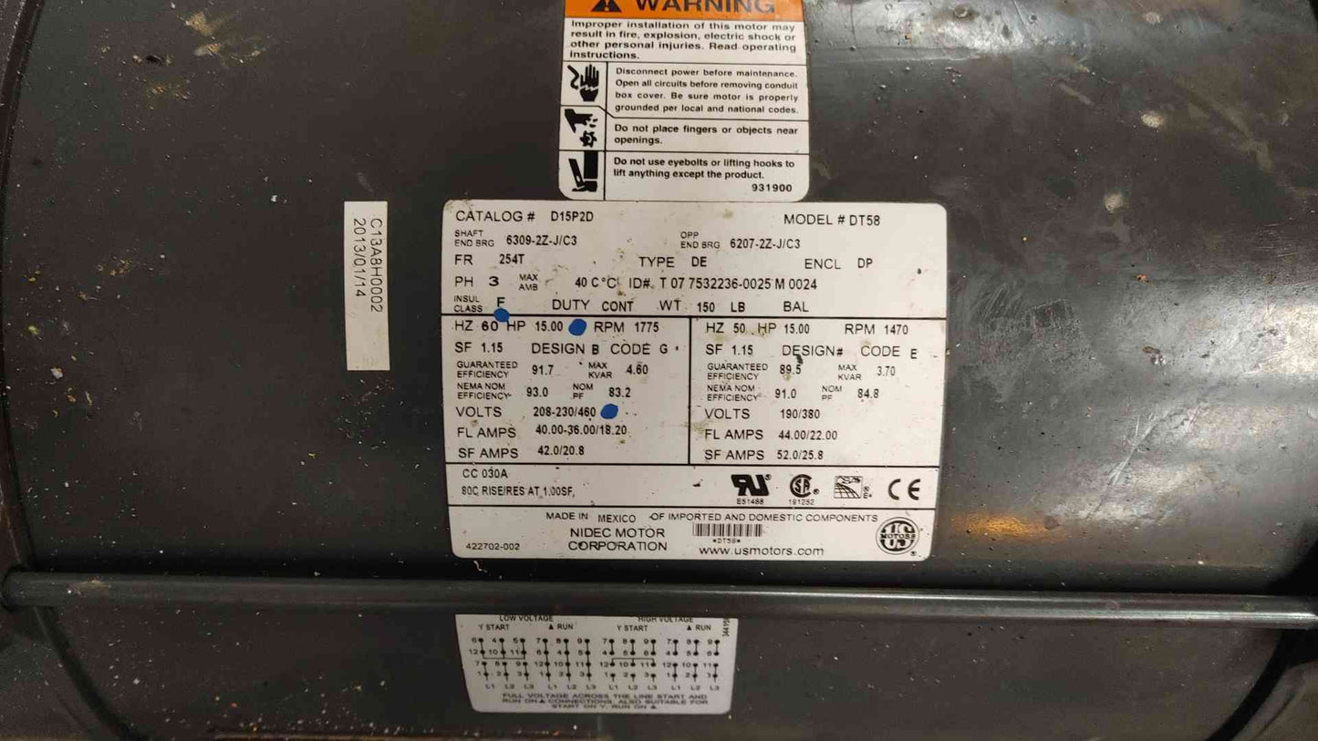 15HP Nidec Motor Corporation DT58 3Ph 60Hz 230/460V (109533)