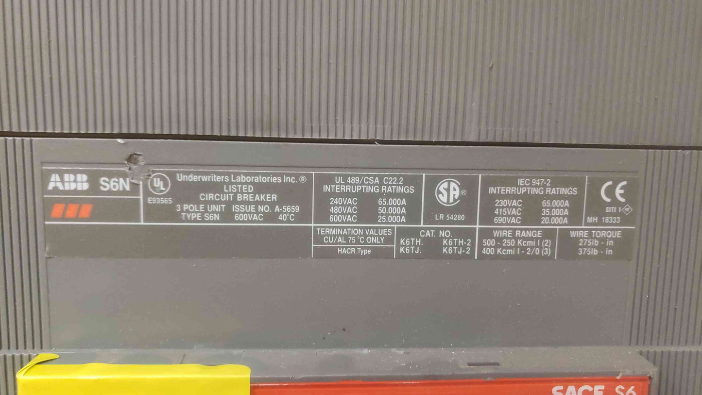 ABB SACE S6 600A 3 Pole Breaker (SKU: 109582)