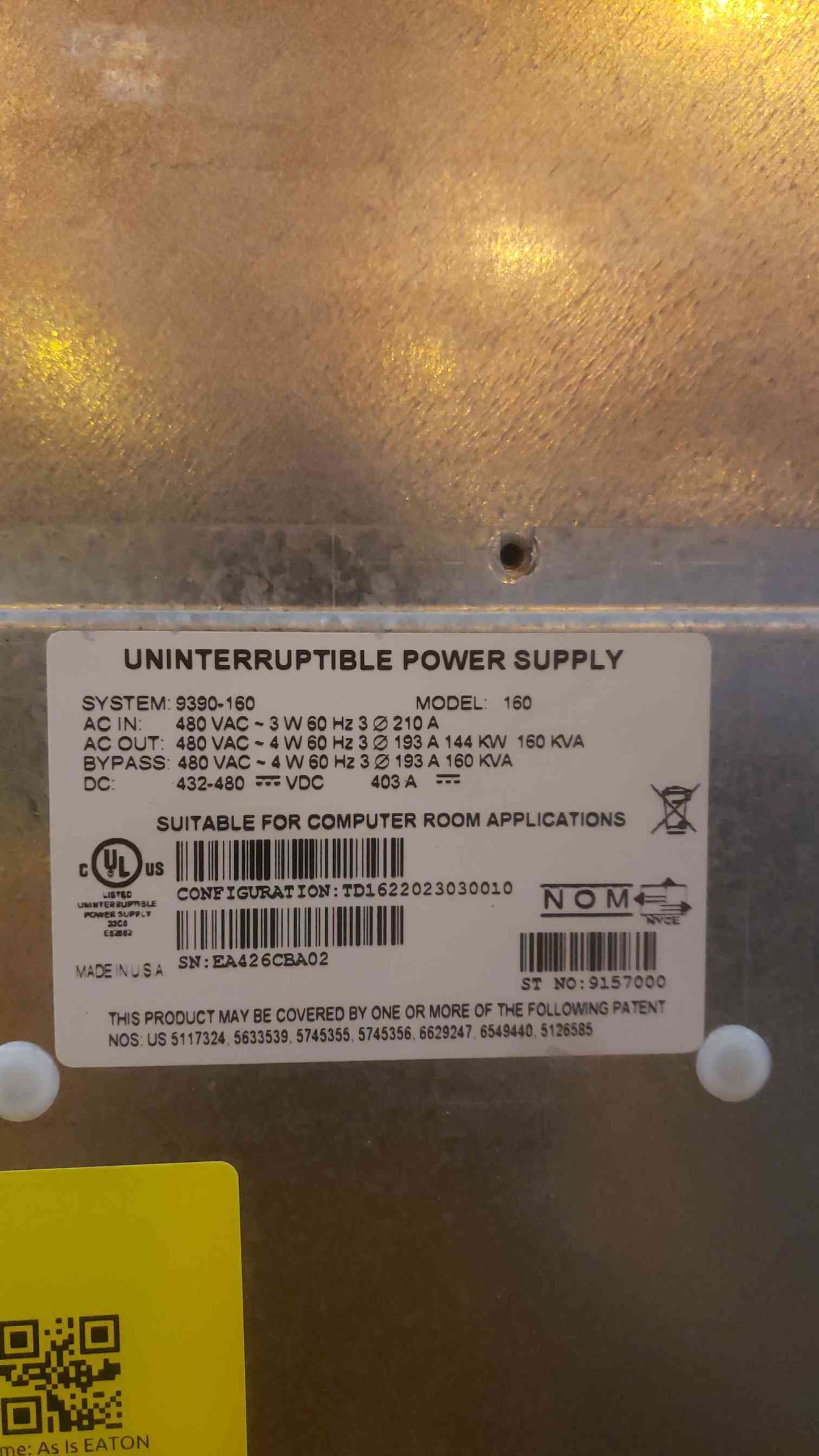 AS-IS EATON Parallel UPS System 9390-160KVA for Parts No Doors (SKU: 109669)