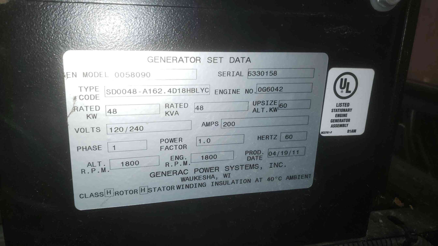 48KW Generac John Deere 4024 1PH Diesel Generator 1182 Hrs (SKU: 109756)