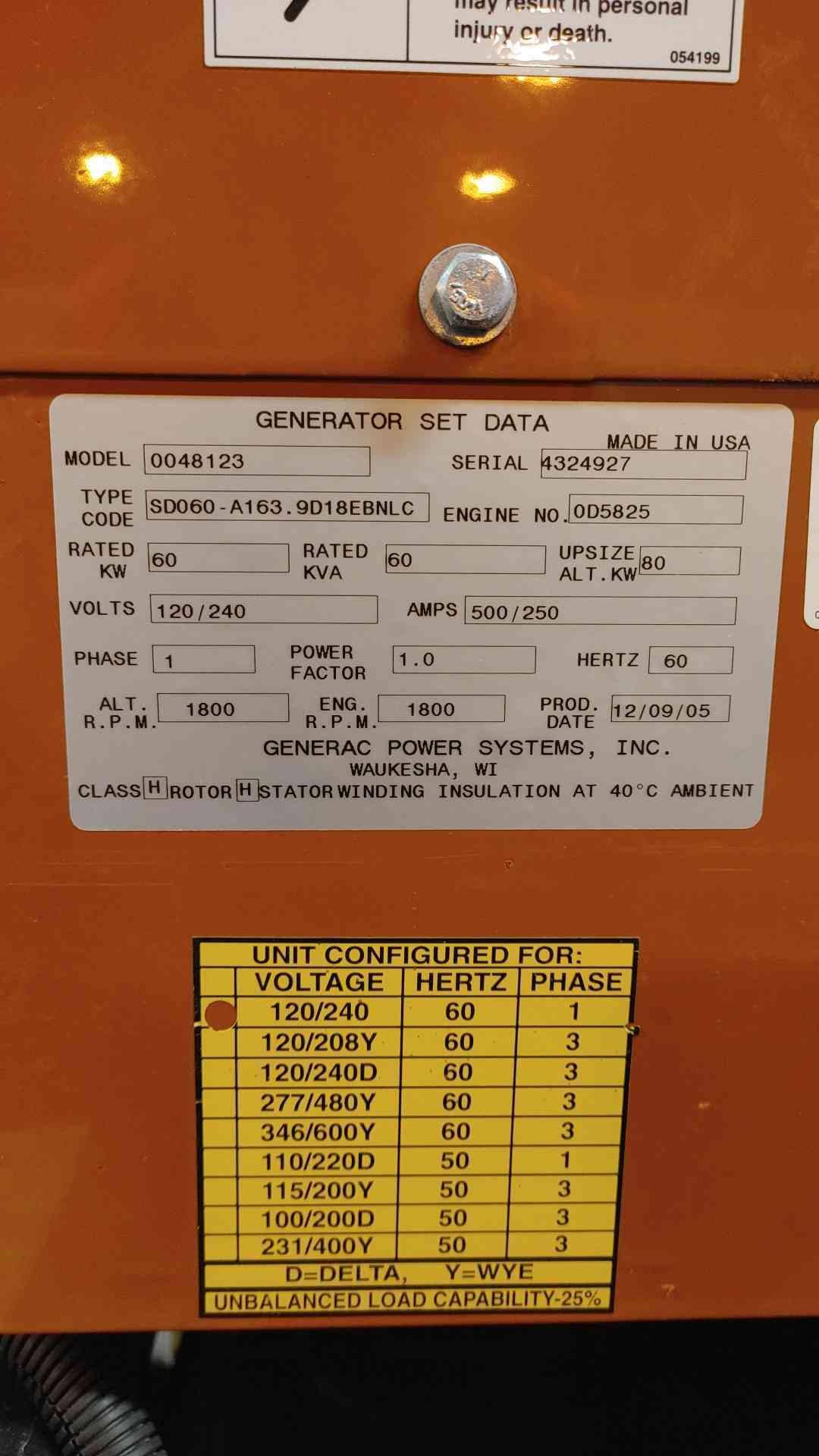 60KW Generac Mitsubishi Engine 4D34 1PH Diesel Generator 306Hrs '05 (109804)