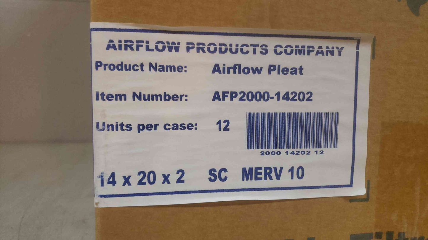 New Box of 12 Airflow Products 14x20x2 Merv 10 Airflow Pleat AFP2000-14202 (SKU: 109852)