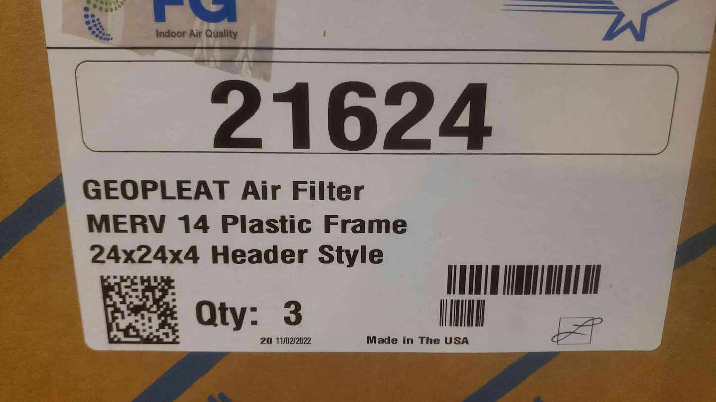 New Box of 3 Aerostar GEOPLEAT Air Filter MERV 14 Plastic Frame 24x24x4 Header Style 21624 (SKU: 109843)