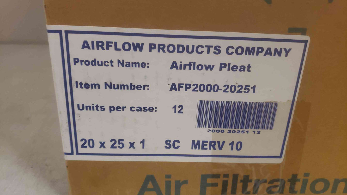 New Box of 12 Airflow Products 20x25x1 Merv 10 Airflow Pleat Filter AFP2000-20251 (SKU: 109845)