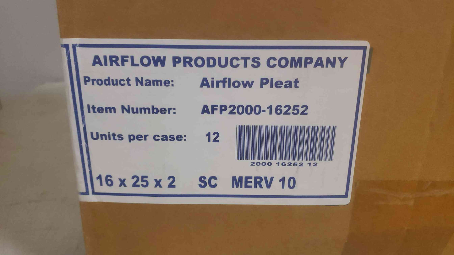 New Box of 12 Airflow Products 16x25x2 Merv 10 Airflow Pleat Filter AFP2000-16252 (SKU: 109846)