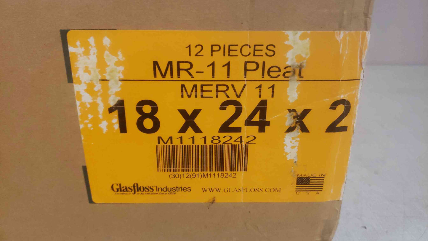 New Box of 12 Glasfloss 18x24x2 Merv 11 MR-11 Pleat M1118242 (SKU: 109971)