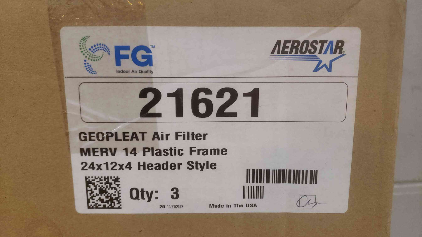 New Box of 3 Aerostar Geopleat Air Filter Merv 14 Plastic Frame 24x12x4 Header 21621 (SKU: 109873)