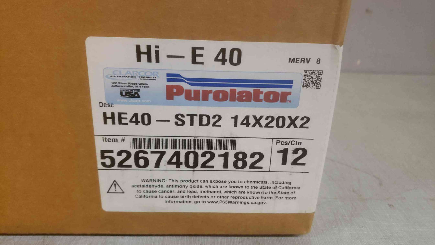 New Box of 12 Purolator 14x20x2 Hi-E 40 HE40-STD2 5267402182 (SKU: 109877)