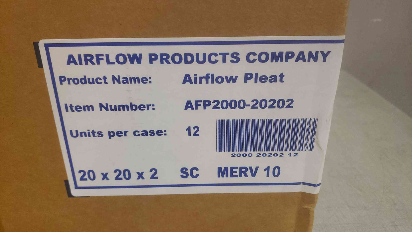 New Box of 12 Airflow Products Merv 10 20x20x2 Airflow Pleat AFP2000-20202 (SKU: 109878)
