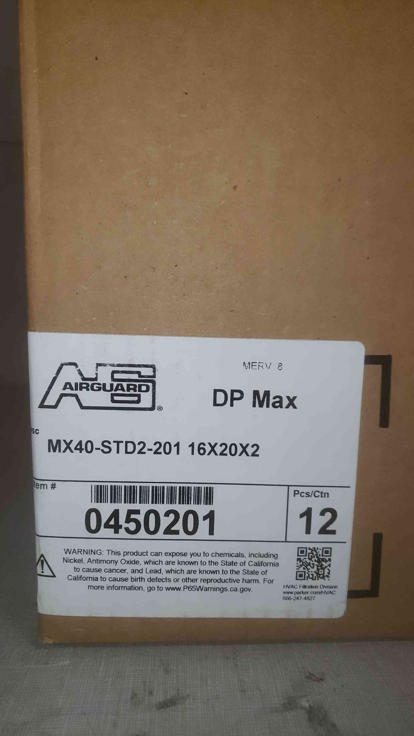 New Box of 12 Airguard 16x20x2 DP Max MX40-STD2-201 0450201 (SKU: 109882)