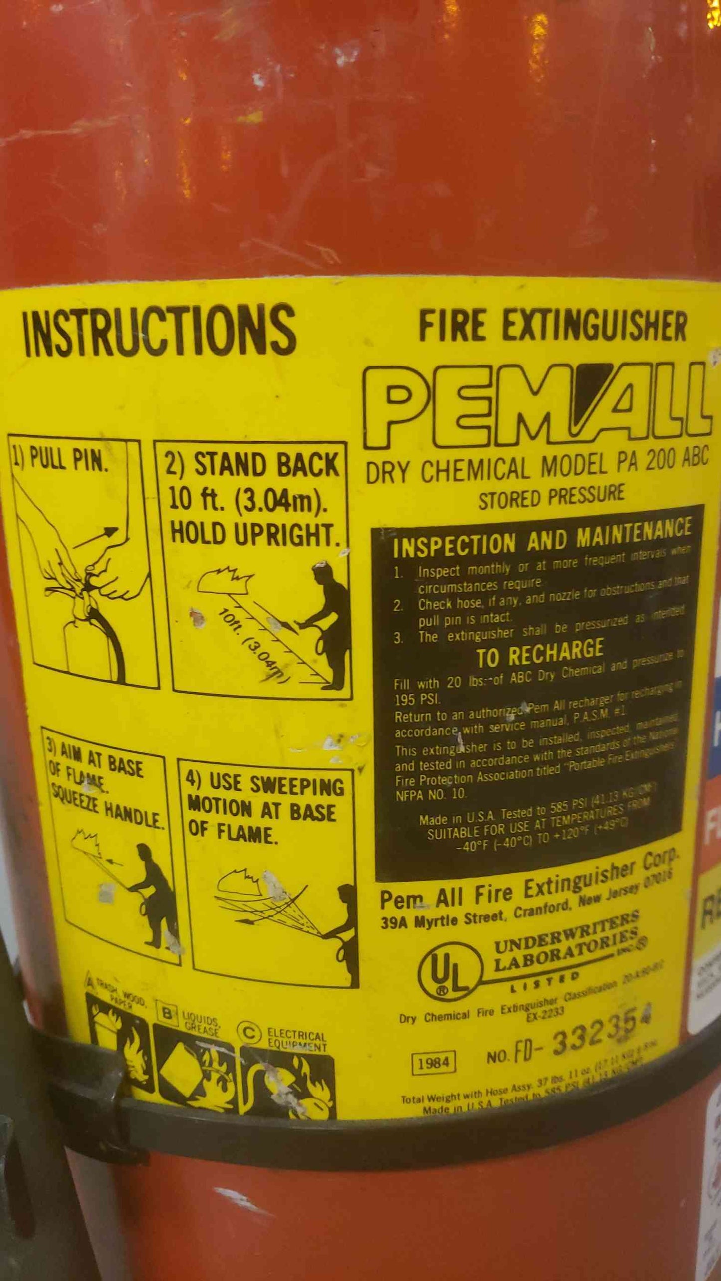 Pemall Fire Dry Chemical Extinguisher PA 200 Out of Service (SKU: 109900)