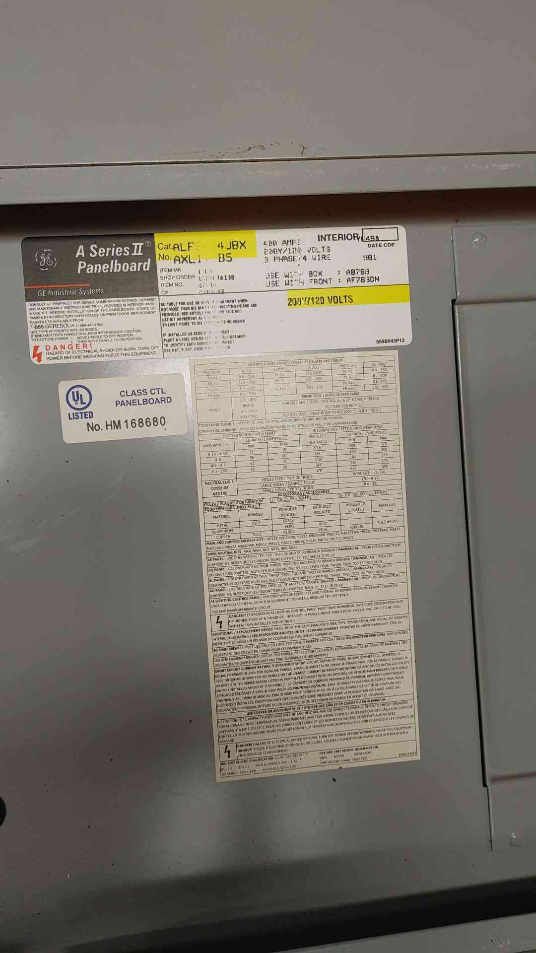 GE 120/208V A-Series 400A 3PH Panelboard ALF3424JBX with Main (SKU: 109941)