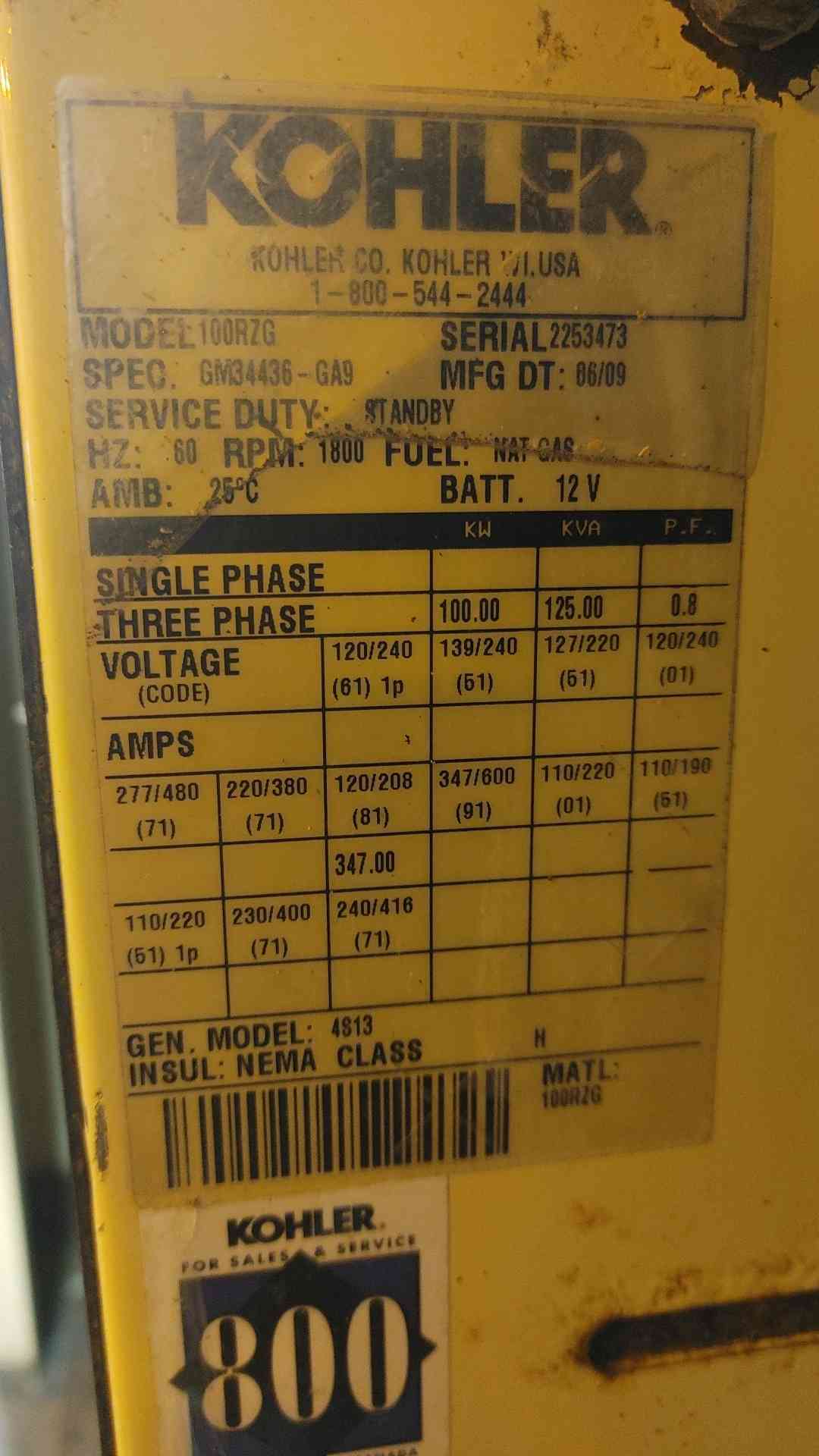 100KW KOHLER 100RZG NG/LP Generator 120/240V 71A 60Hz 3PH 535Hrs TESTED