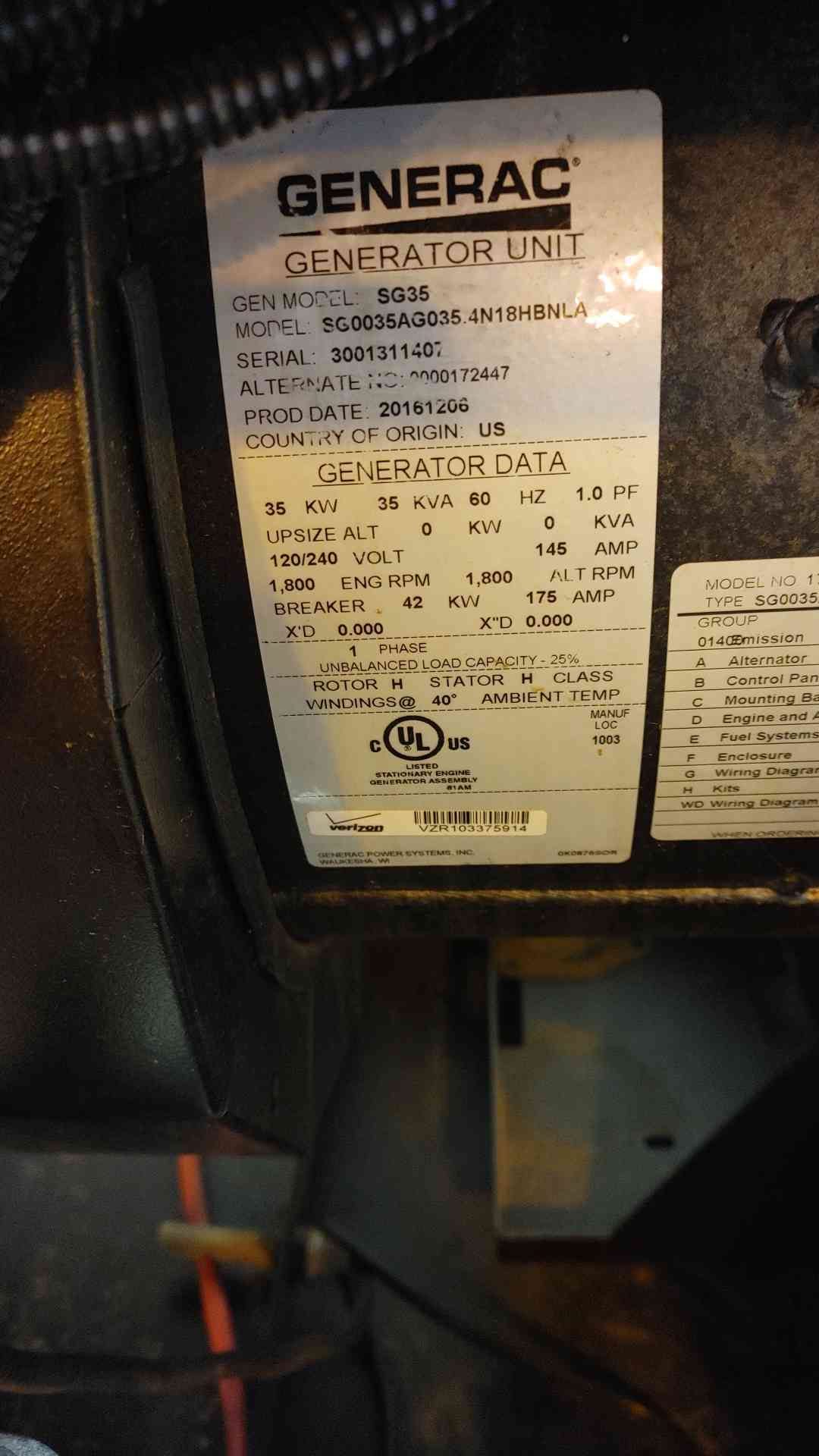 35KW Generac SG35 1PH Nat Gas / LP 136Hrs 2016 TESTED (SKU: 110088)