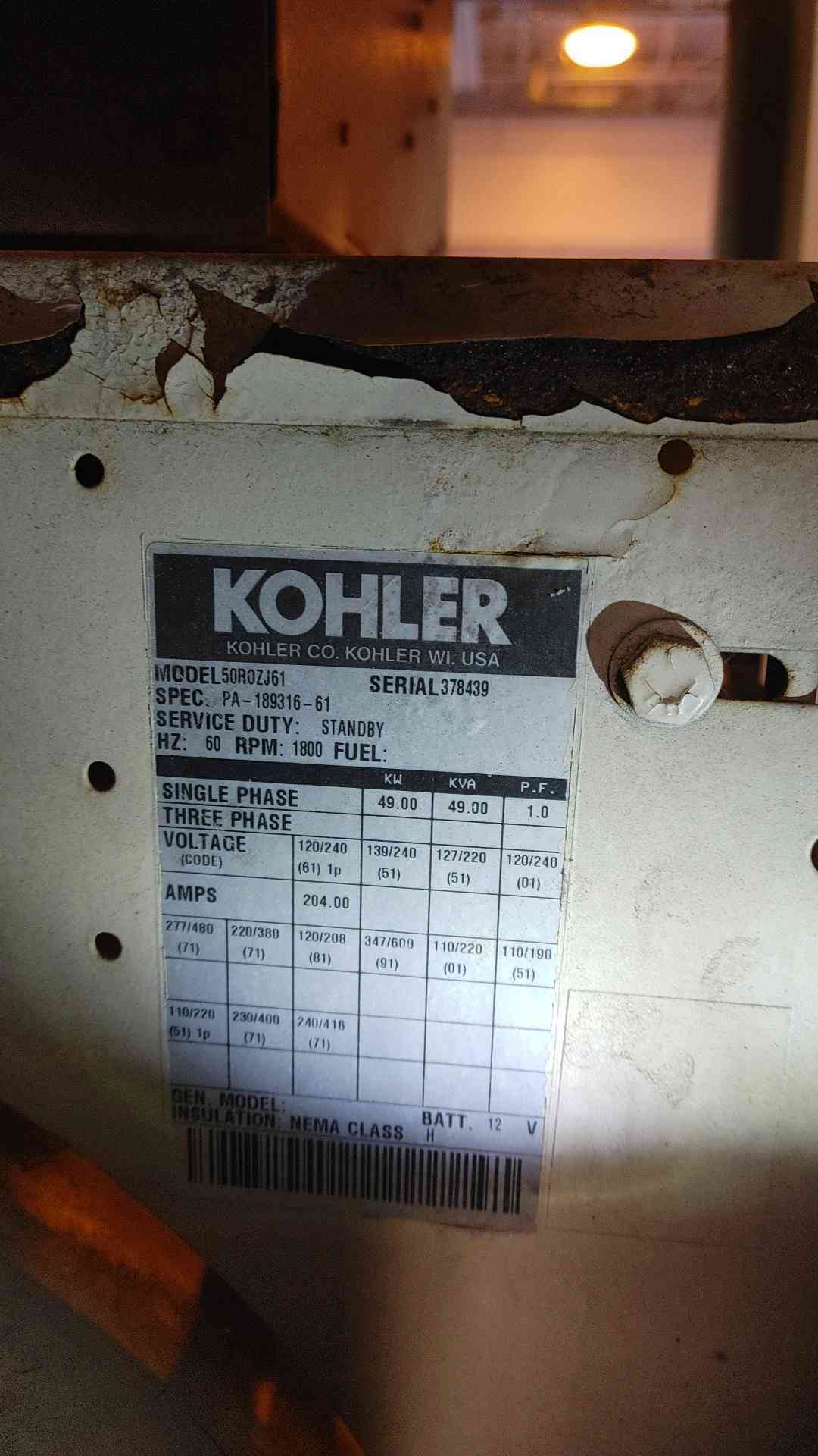 50KW KOHLER 50R0ZJ61 Diesel Generator 1&3PH 615 Hrs (SKU: 110165)