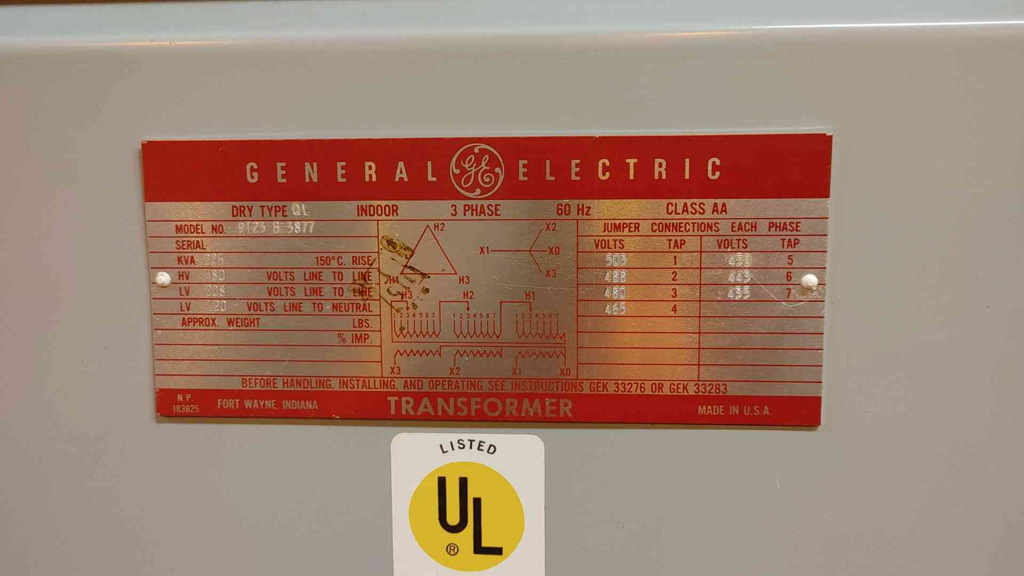225KVA GE Dry Type Transformer 9T23-B-3877 480V x 208/120