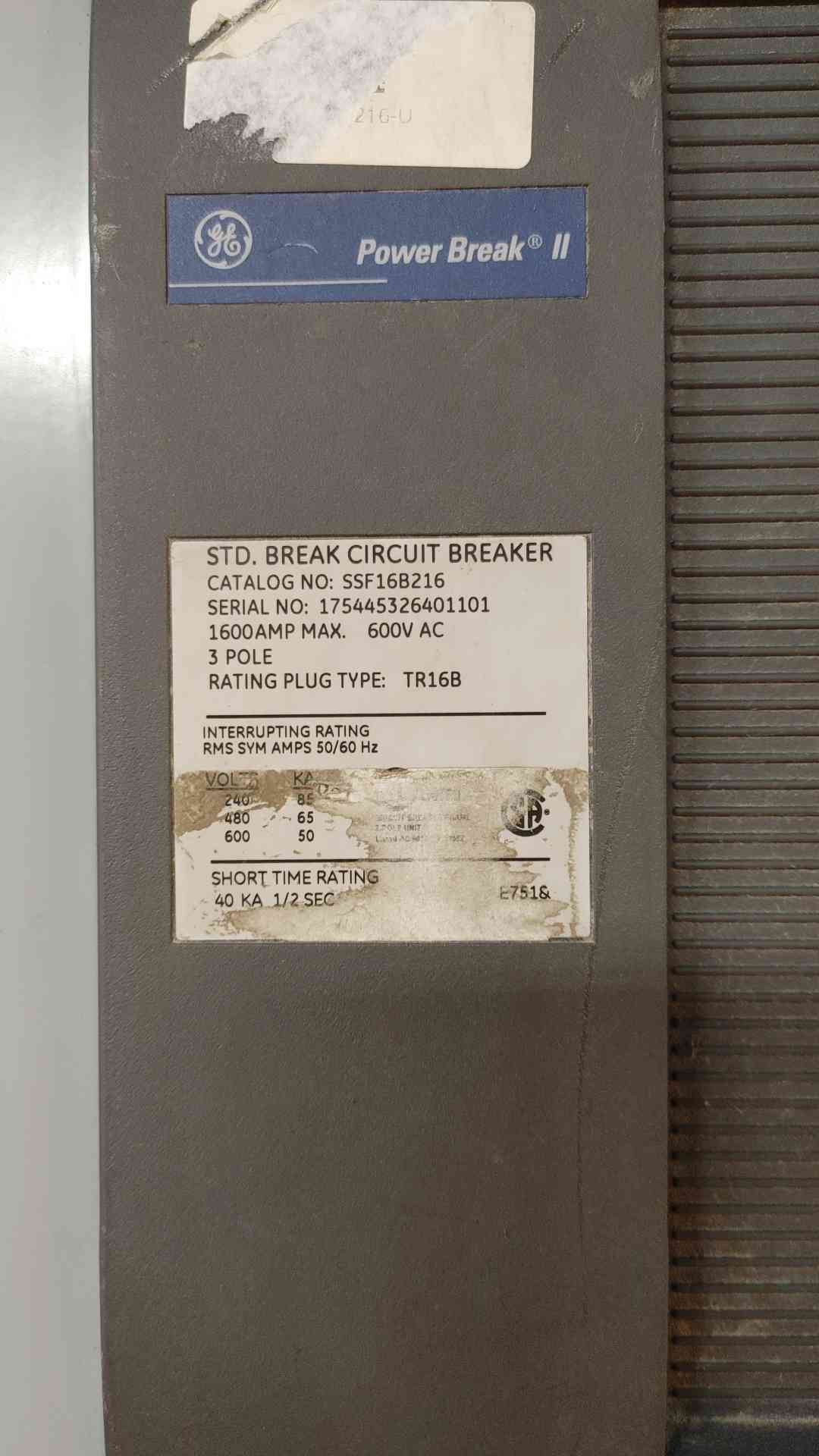 GE 1600AMP 600V AC STD BREAK CIRCUIT BREAKER SSF16B216(SKU: 110242 )