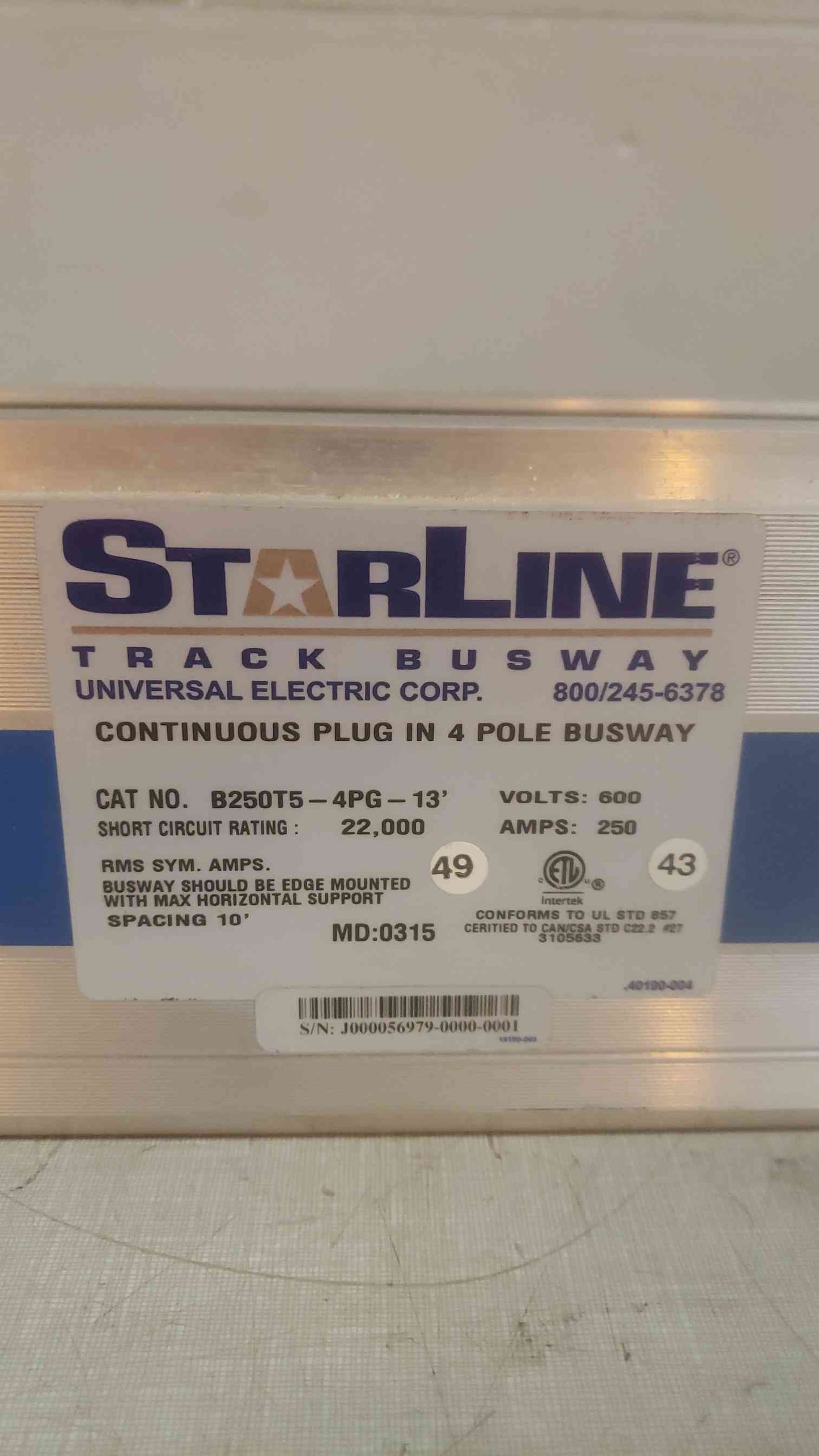 Starline 250A 600V Track Busway Bar B250T5-4PG-13' (SKU: 110368)