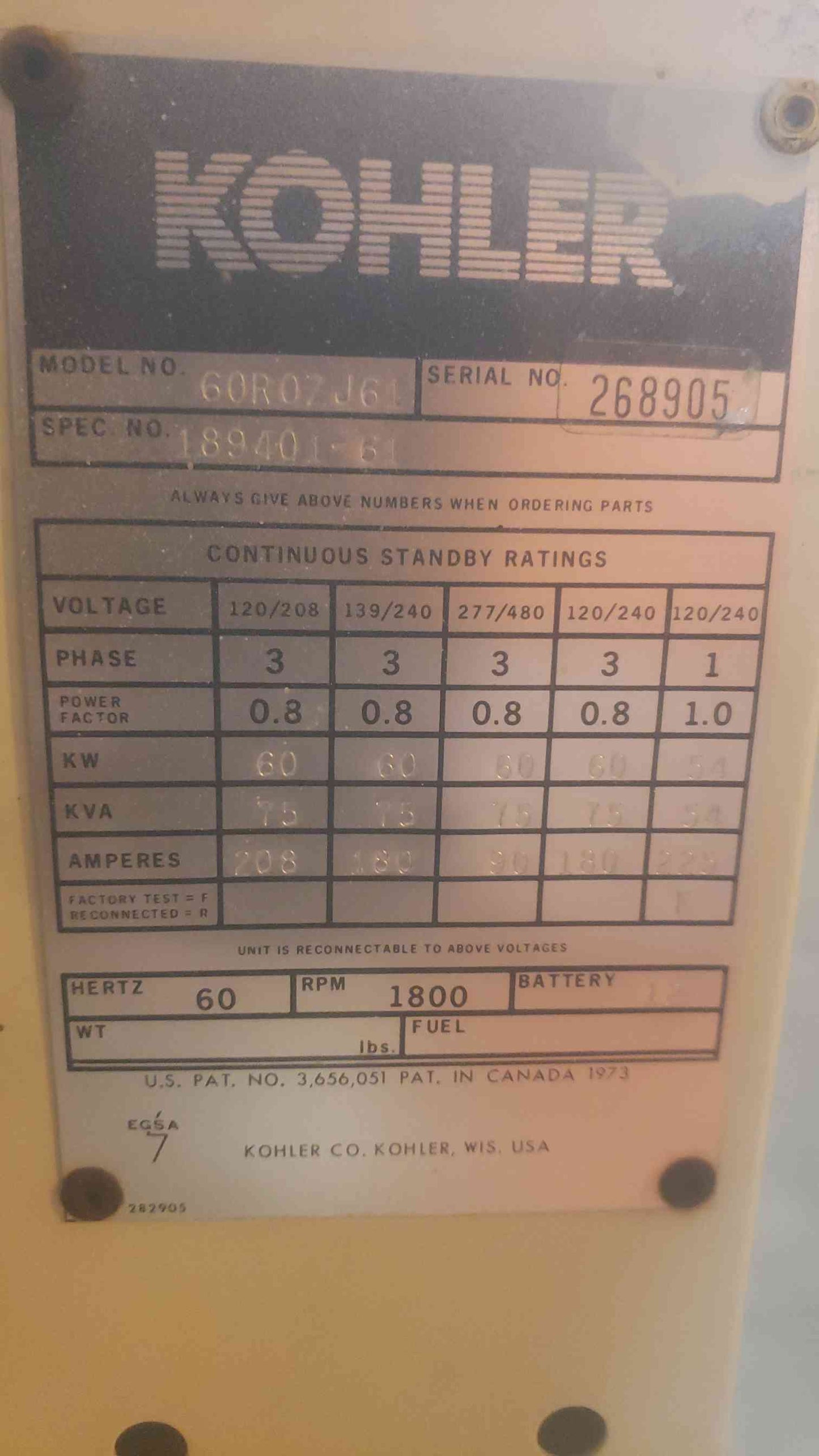 60KW KOHLER John Deere 4039 Diesel Generator 1737Hrs 60R0ZJ61(SKU: 110391)