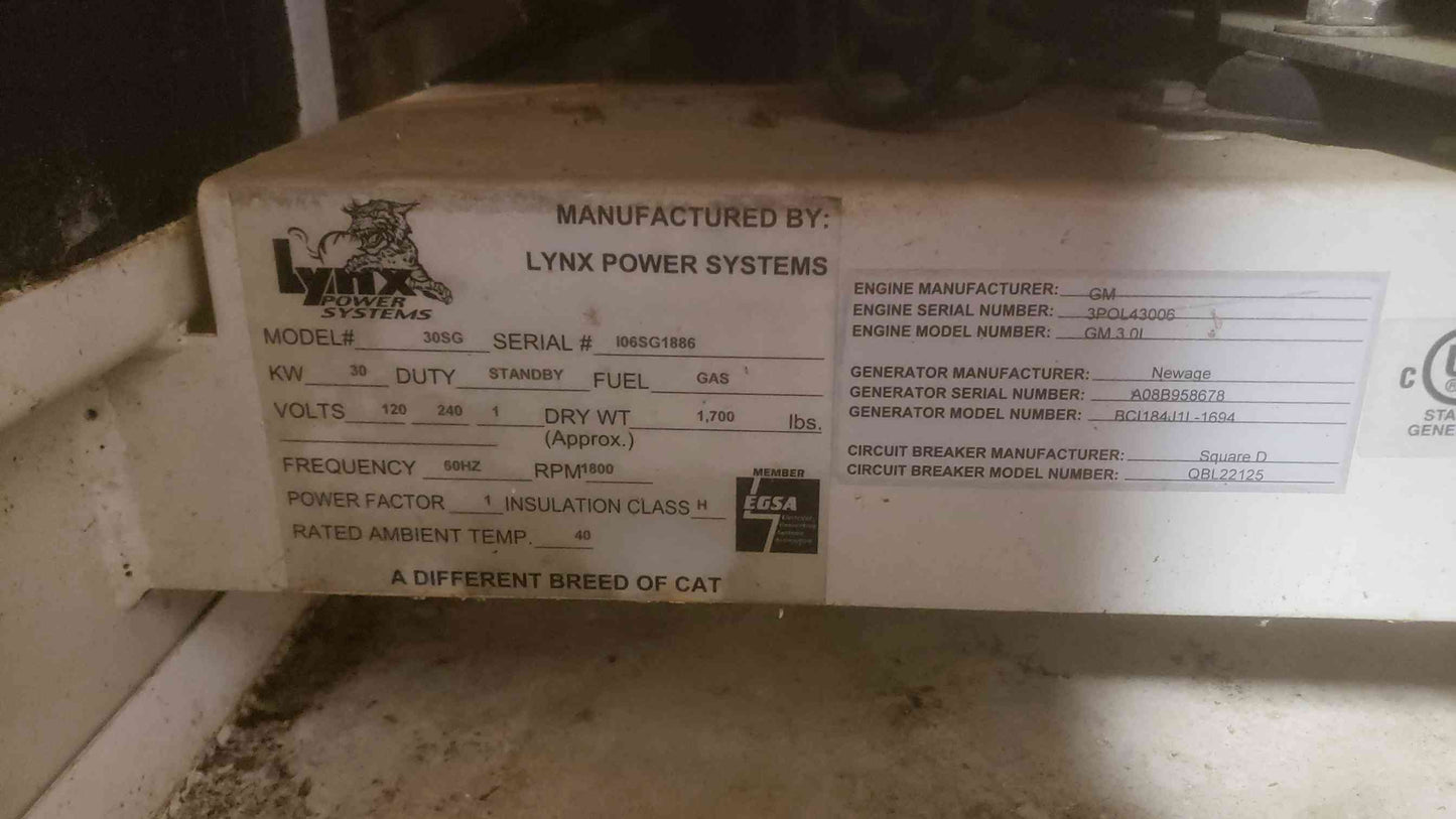 30KW Lynx 30SG LP Nat Gas Generator 1006 Hrs. (SKU: 110401)