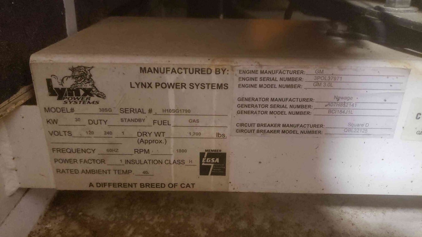 30KW Lynx LP Nat Gas GM 3.0L Generator 30SG 596Hrs (SKU: 110399)