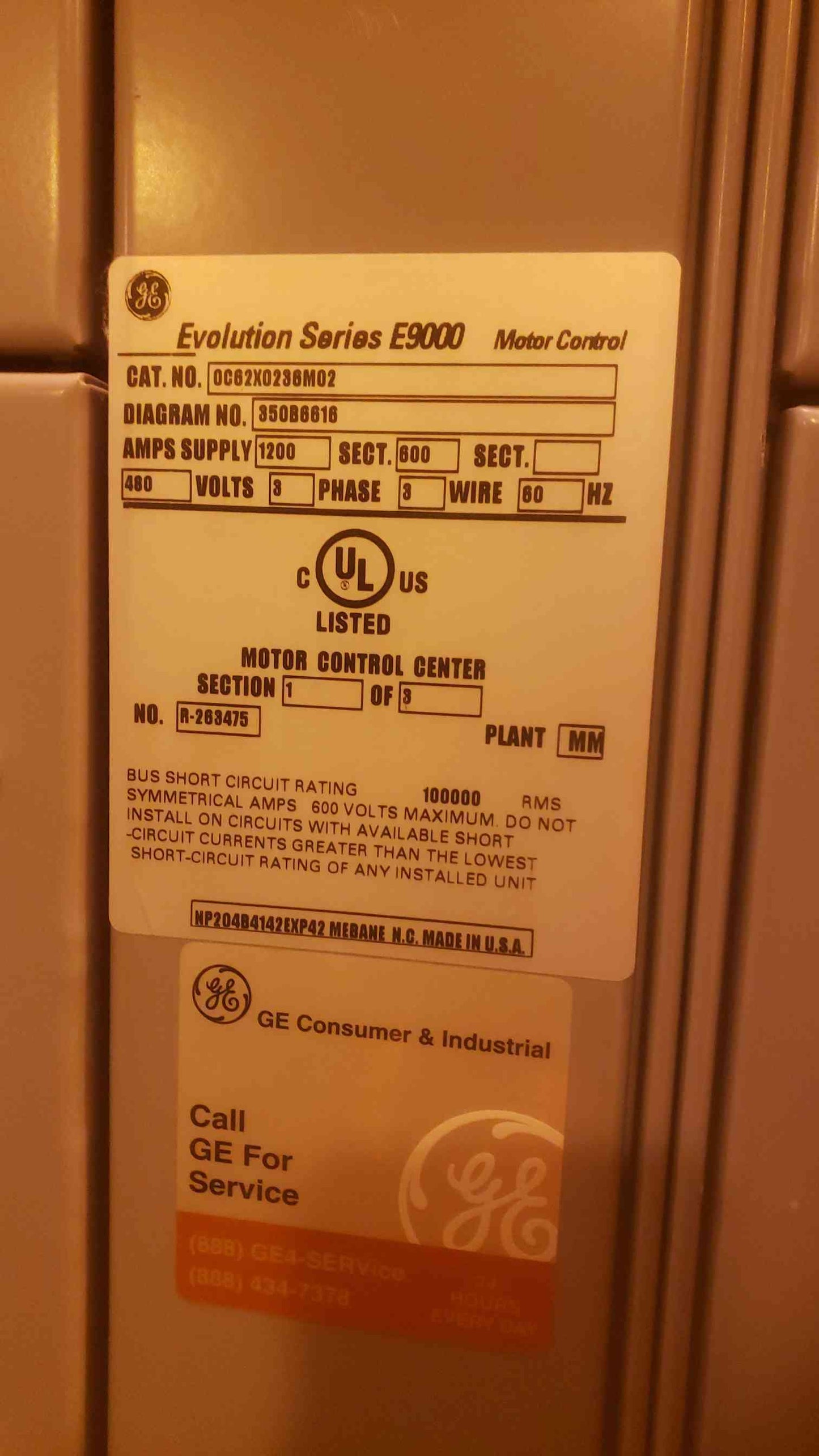 GE Evolution Series E9000 1200A 480V 3PH Motor Control Center OC62X0236M02 (SKU: 110549)