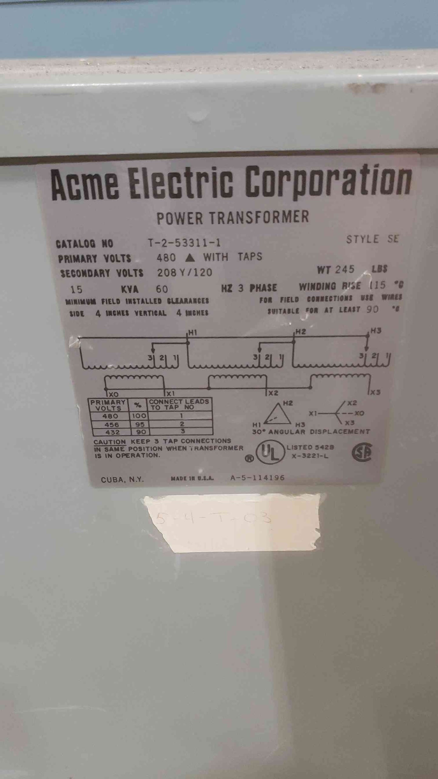 Acme Power Transformer 15KVA 480V 3PH 60Hz(SKU: 110599)