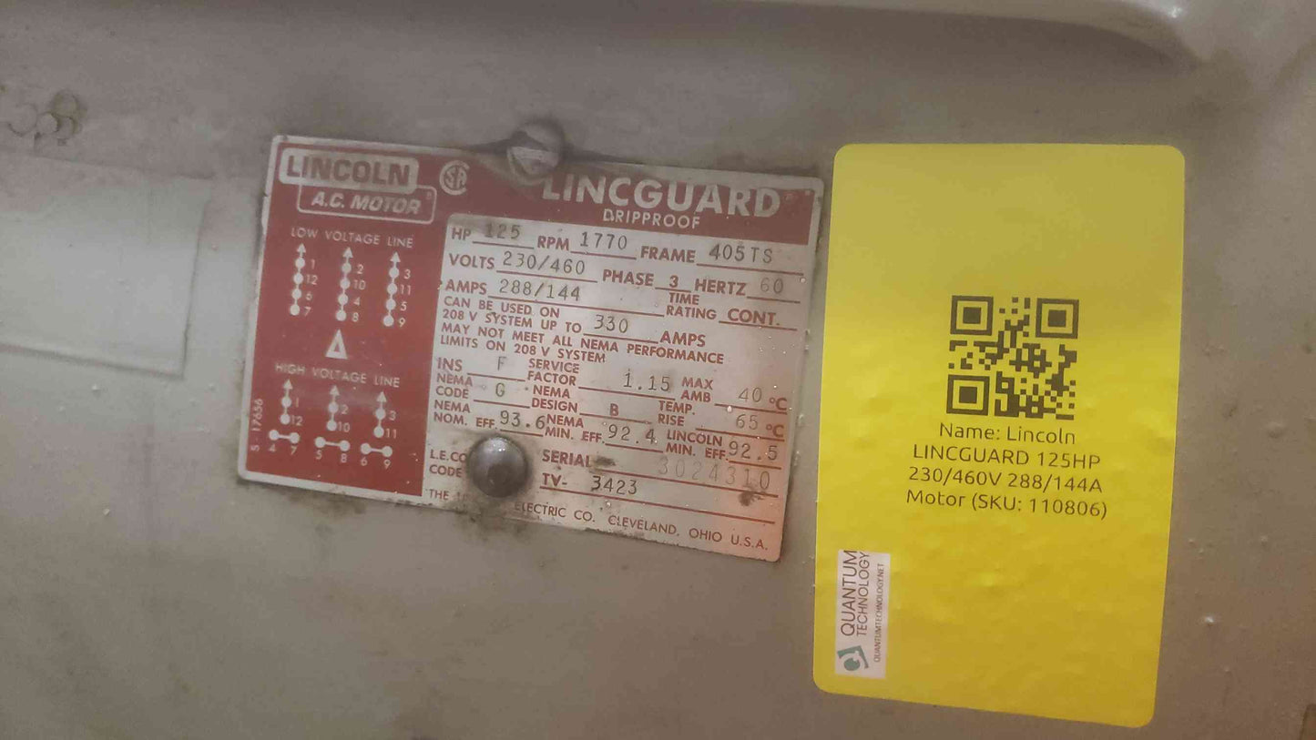 Lincoln LINCGUARD 125HP 230/460V 288/144A Motor (SKU: 110806)