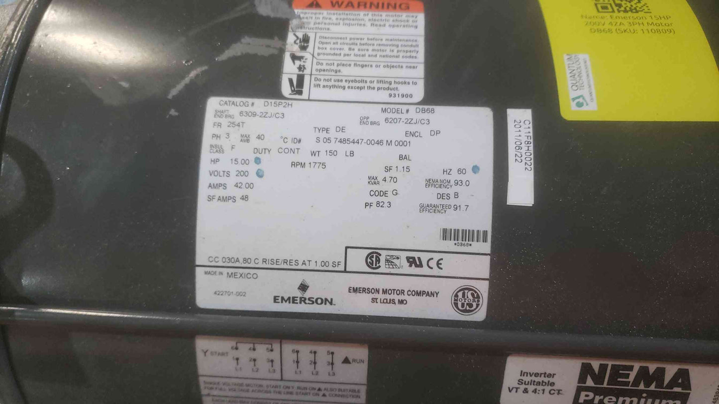 Emerson 15HP 200V 42A 3PH Motor DB68 (SKU: 110809)