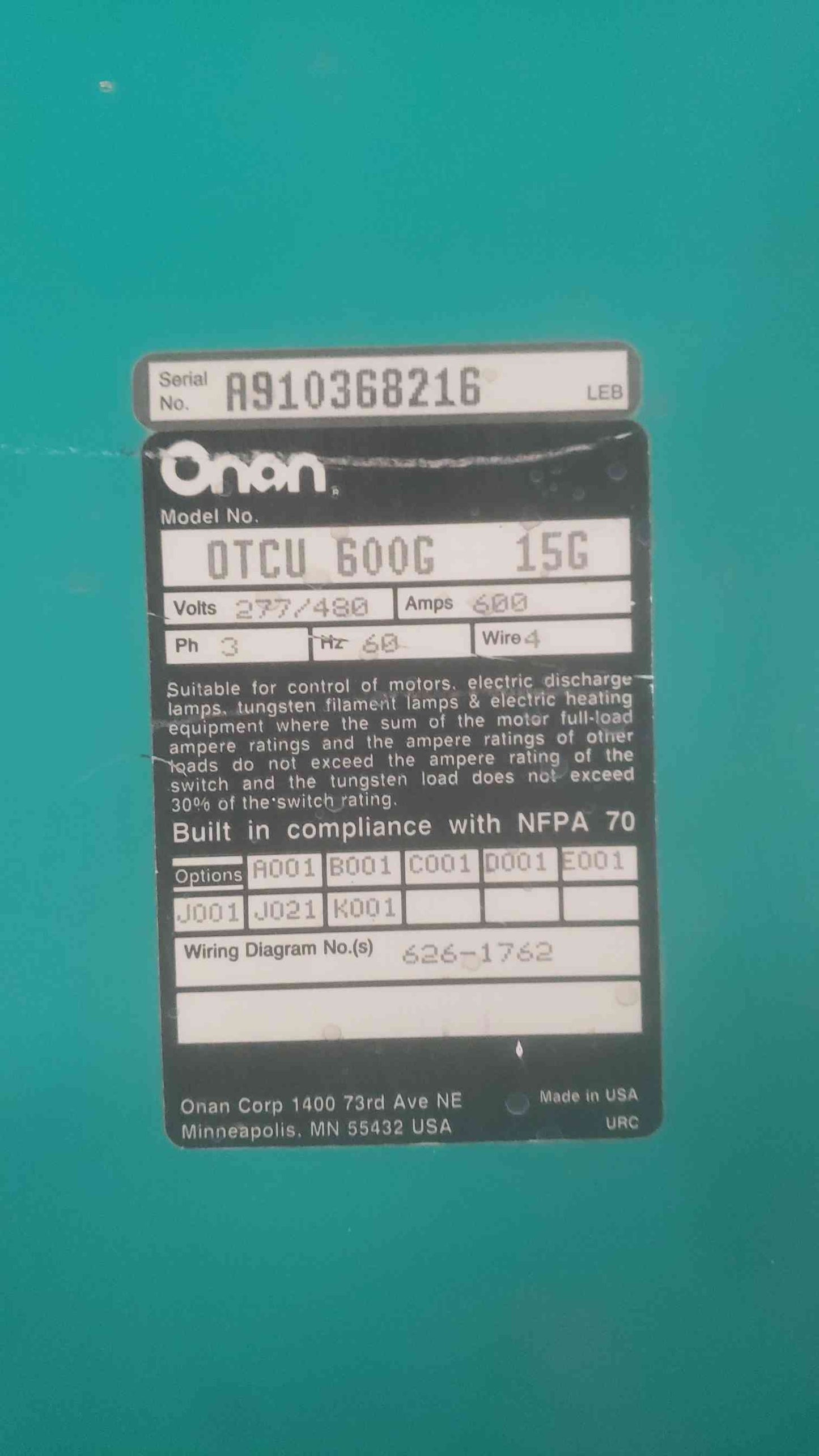 Onan 277/480V 600A ATS 3PH 60Hz Transfer Switch OTCU 600G 15G (SKU: 110838)