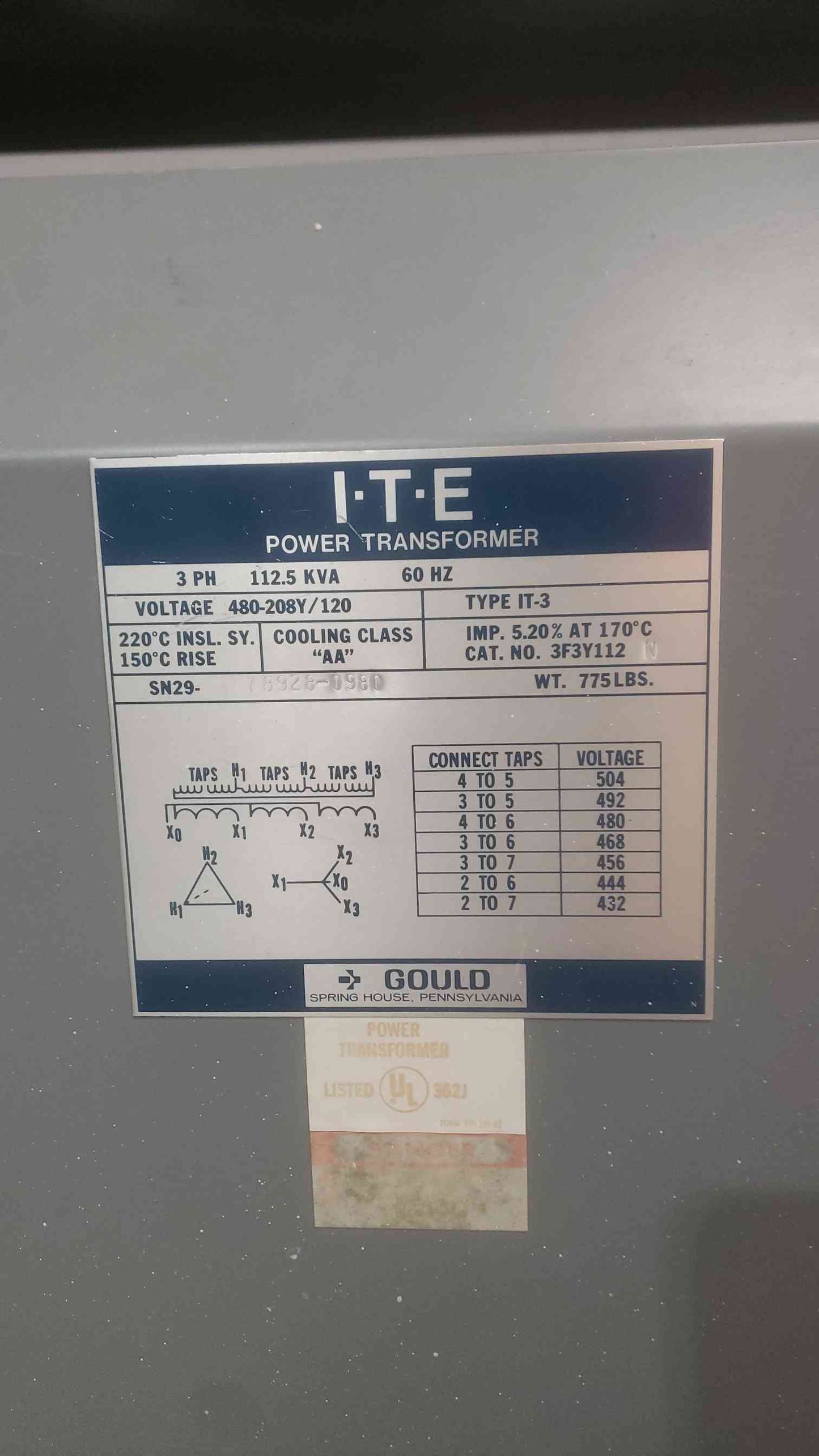 I-T-E 480v x 208Y/120V 3PH 112.5KVA 60Hz Power Transformer Dry Type (SKU: 110964)