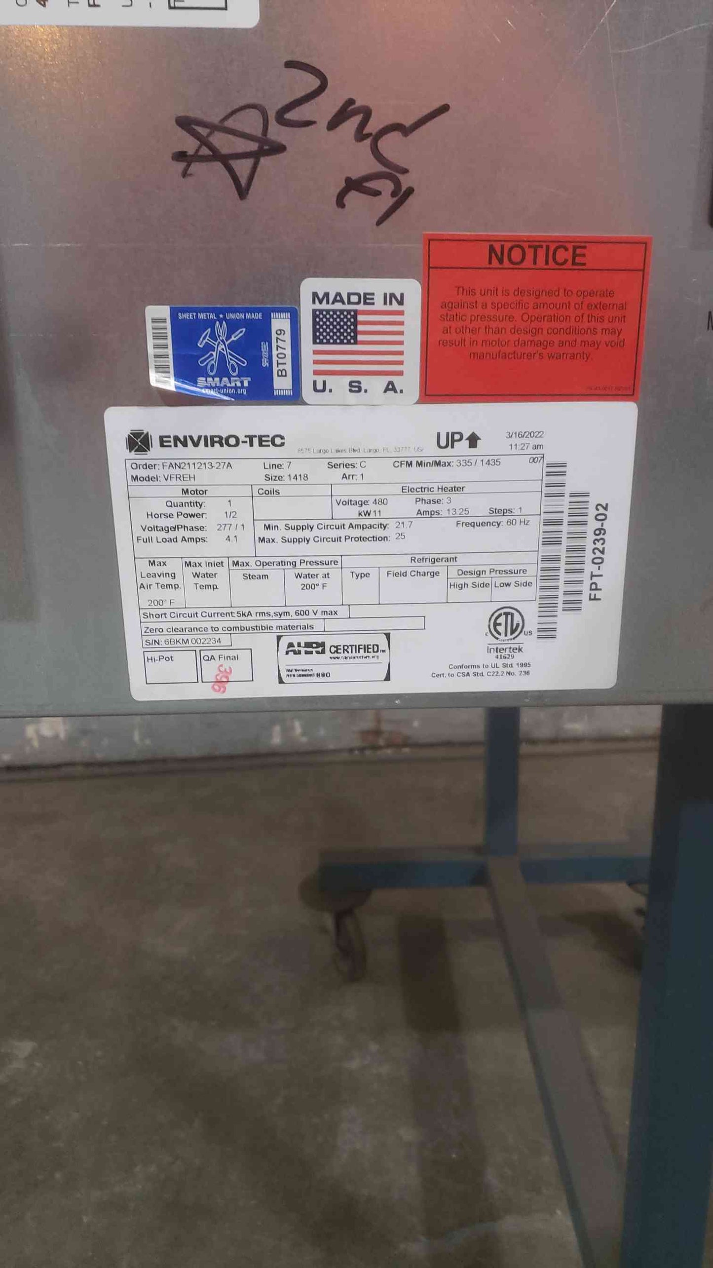 ENVIRO-TEC Model VFC-8 Vertical Fan Coil Unit
