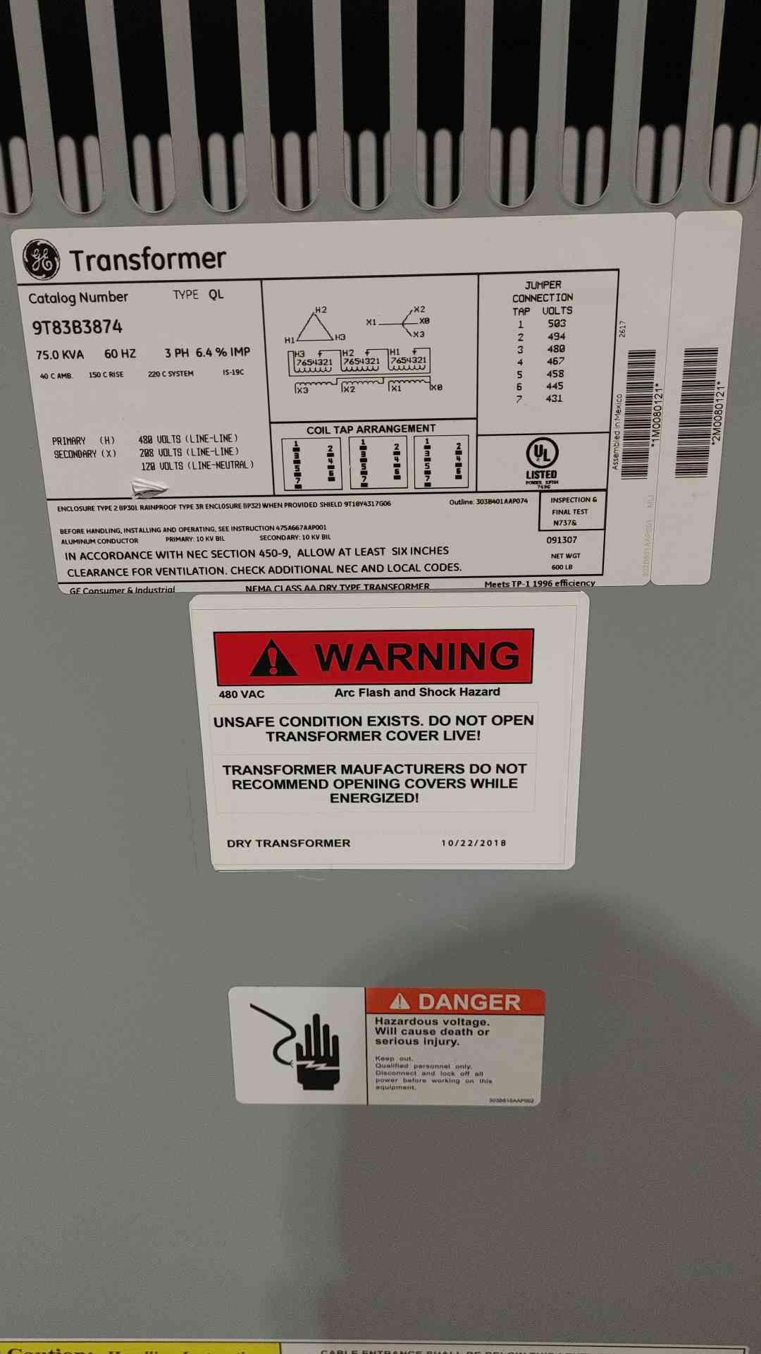 75kVA GE 480-208/120V 3PH Dry Transformer 9T83B3874(SKU: 112589)