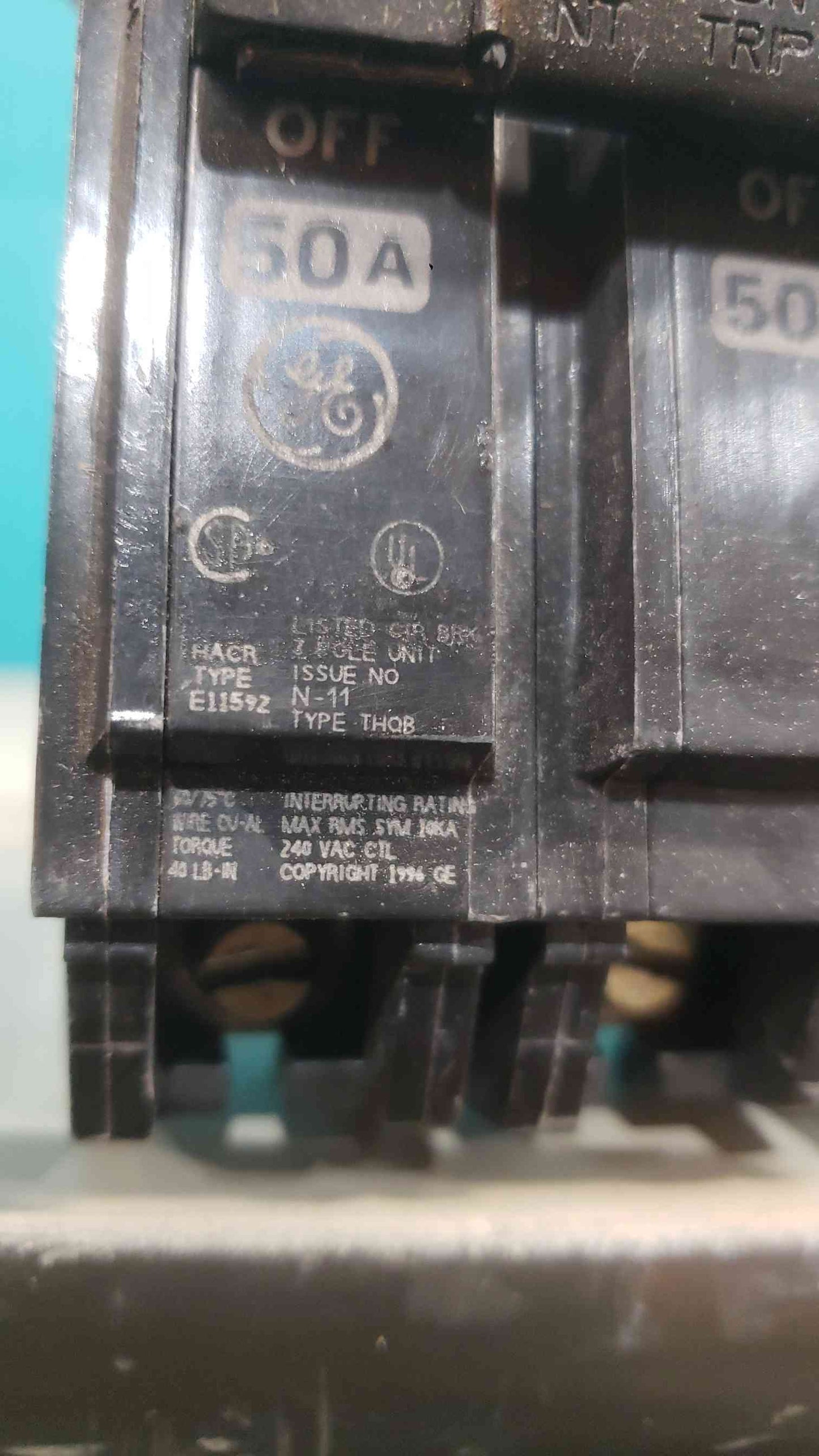GE 50A 240VAC Triple Pole Breaker (SKU: 113780)