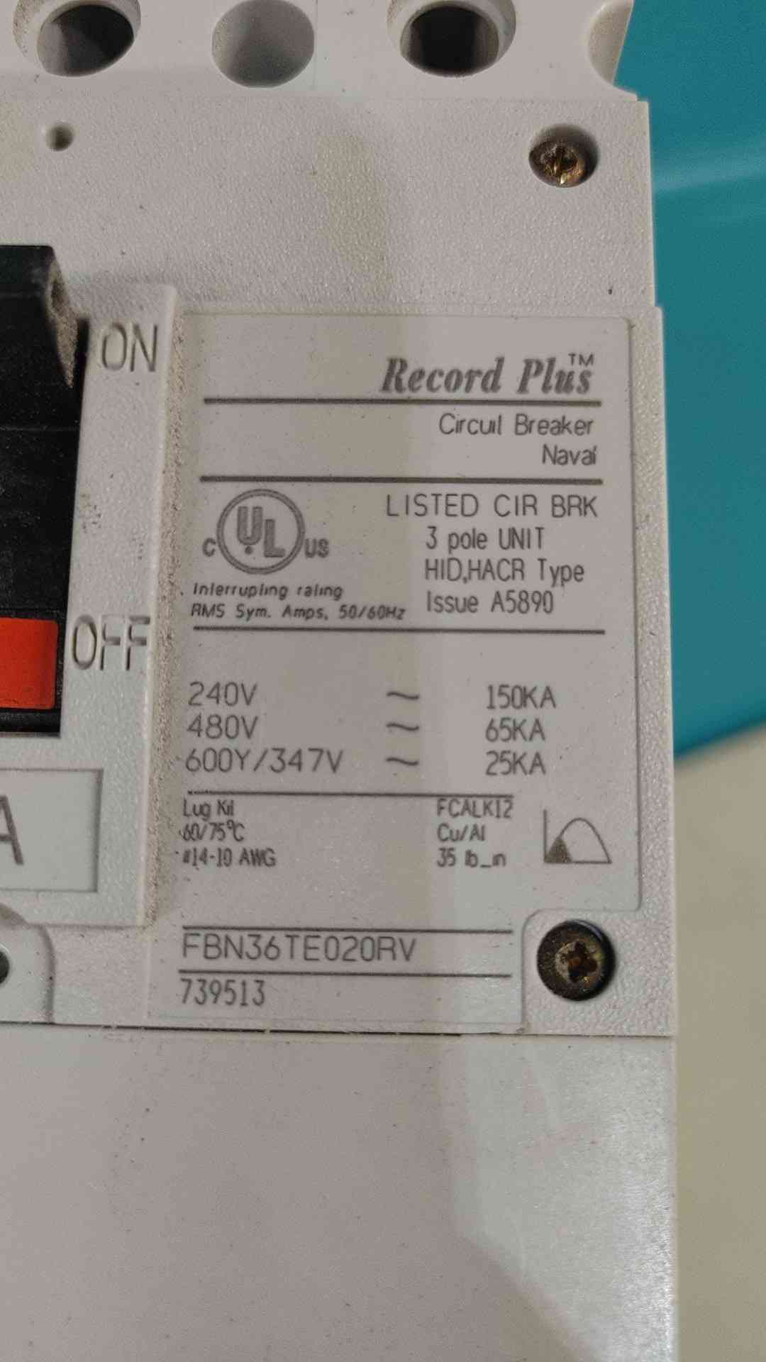 GE FBN36TE020RV Record Plus 20A 3 Pole 480V 600V 20 Amp HID HACR Circuit Breaker