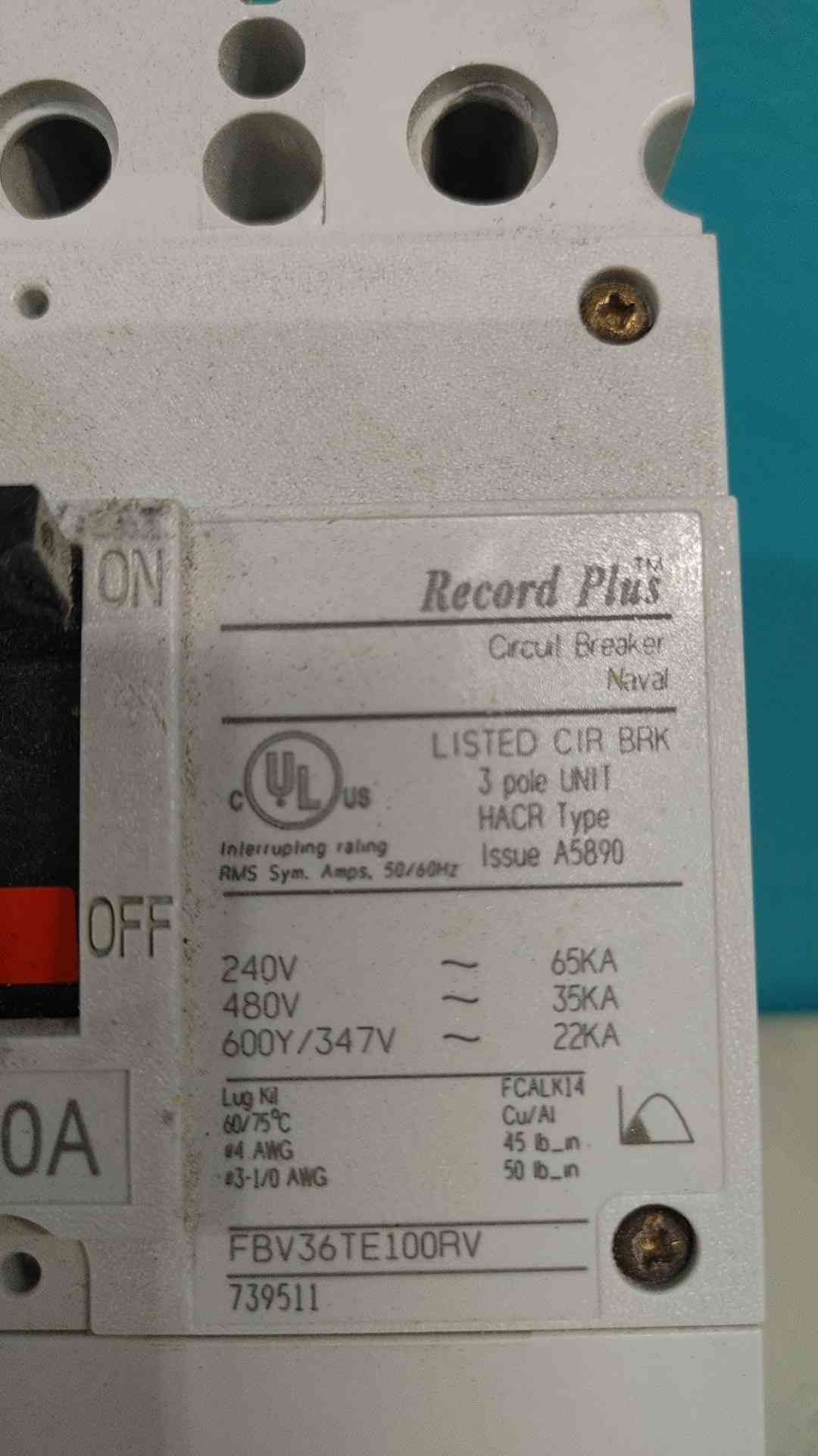 GE FBV36TE100RV Record Plus 100A 3 Pole 480V 600V Circuit Breaker 100 Amp MCCB