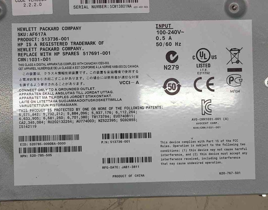 HP 0.5A, 240V AF617A Server Console Switch. Model: 513736-001