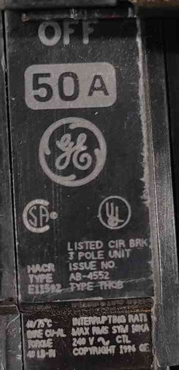 GE THQB32050 50 Amp 3 Pole Bolt On Circuit Breaker Type THQB 50A 240V General Elec