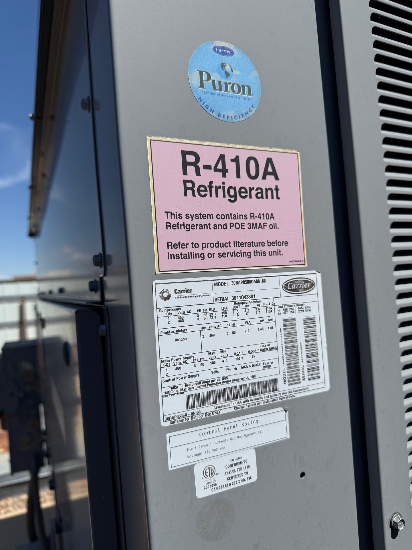 Carrier AquaSnap 30RAP050 50 Ton Air Cooled Scroll Chiller 460V 3PH R410A Puron
