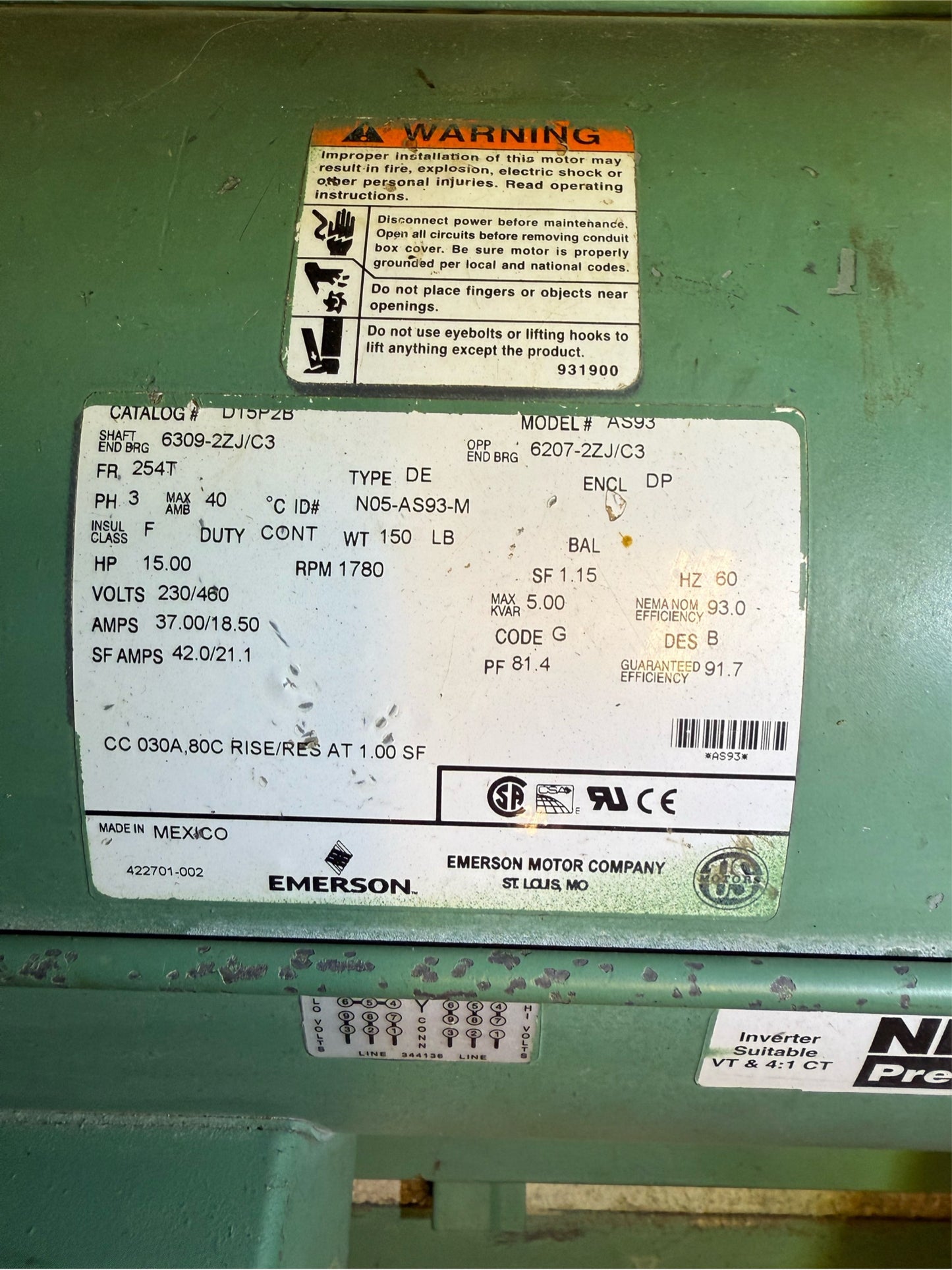 Emerson Model AS93 15HP Motor & Pump 3ph 230/460V