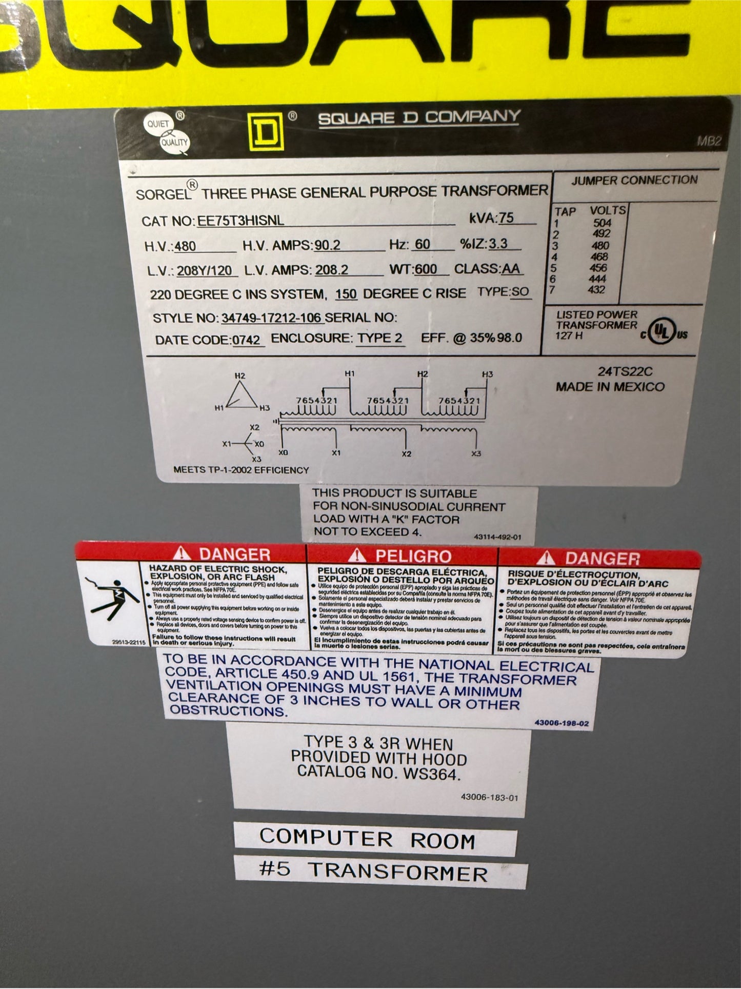 75KVA Square D SORGEL Dry Type Transformer 3ph 480V x 208Y/120V